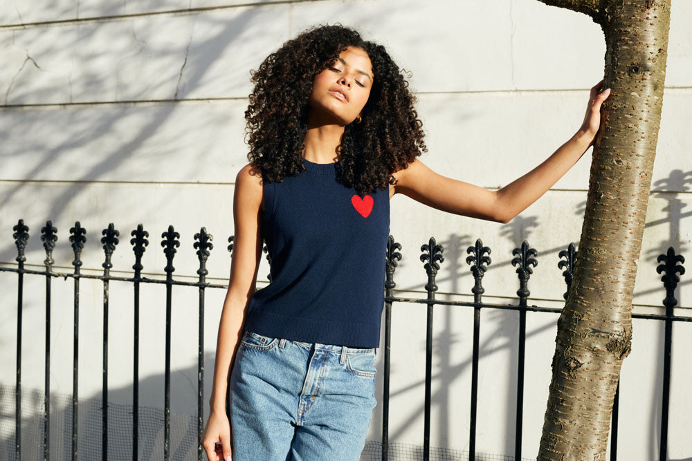 Navy Merino Wool Heart Breton Tank Top for Women - Soft Breathable Summer Layering & Casual Wear