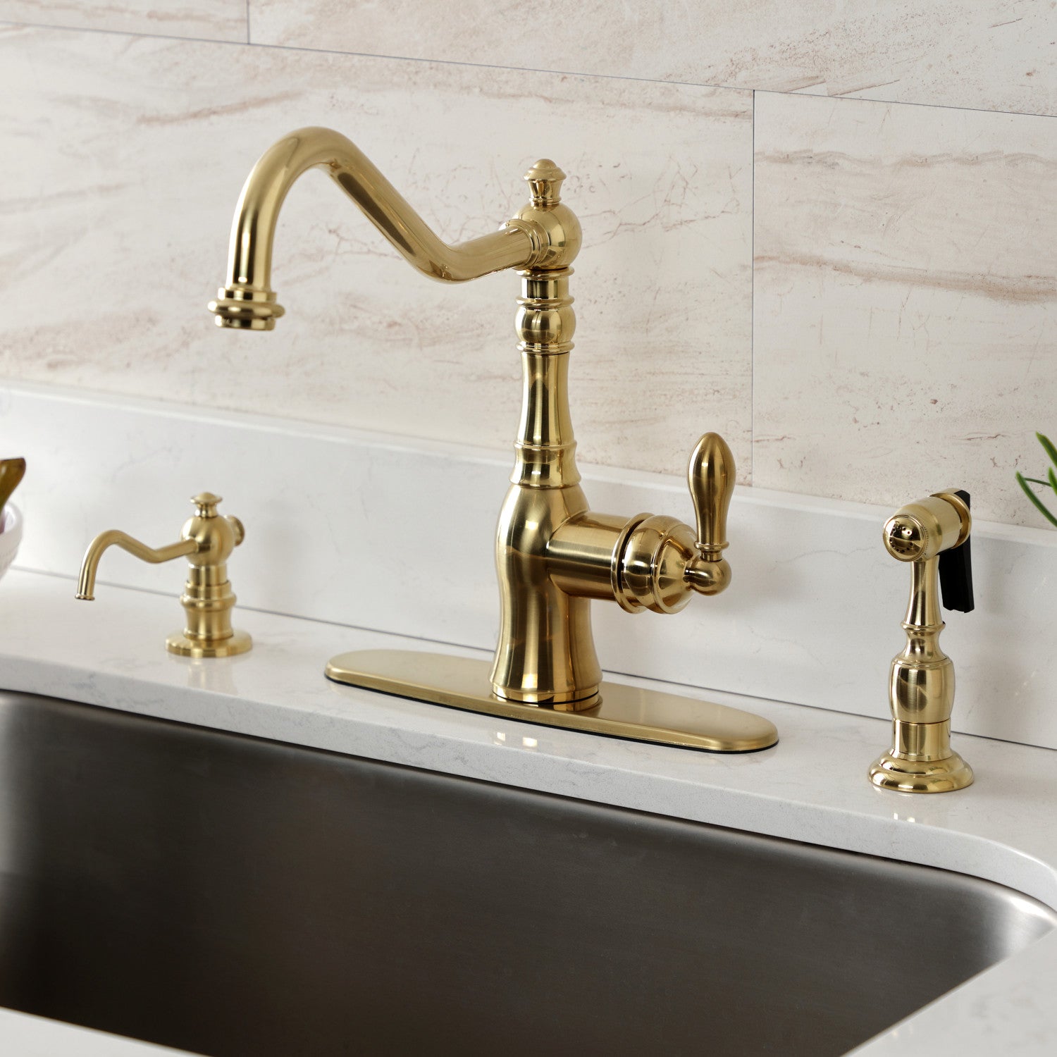 American Classic GSY7707ACLBS Single Handle 2 or 4 Hole Deck Mount Kitchen Faucet with Brass Side Sprayer, Brushed Brass - Perfect for Modern Farmhouse & Commercial Kitchens