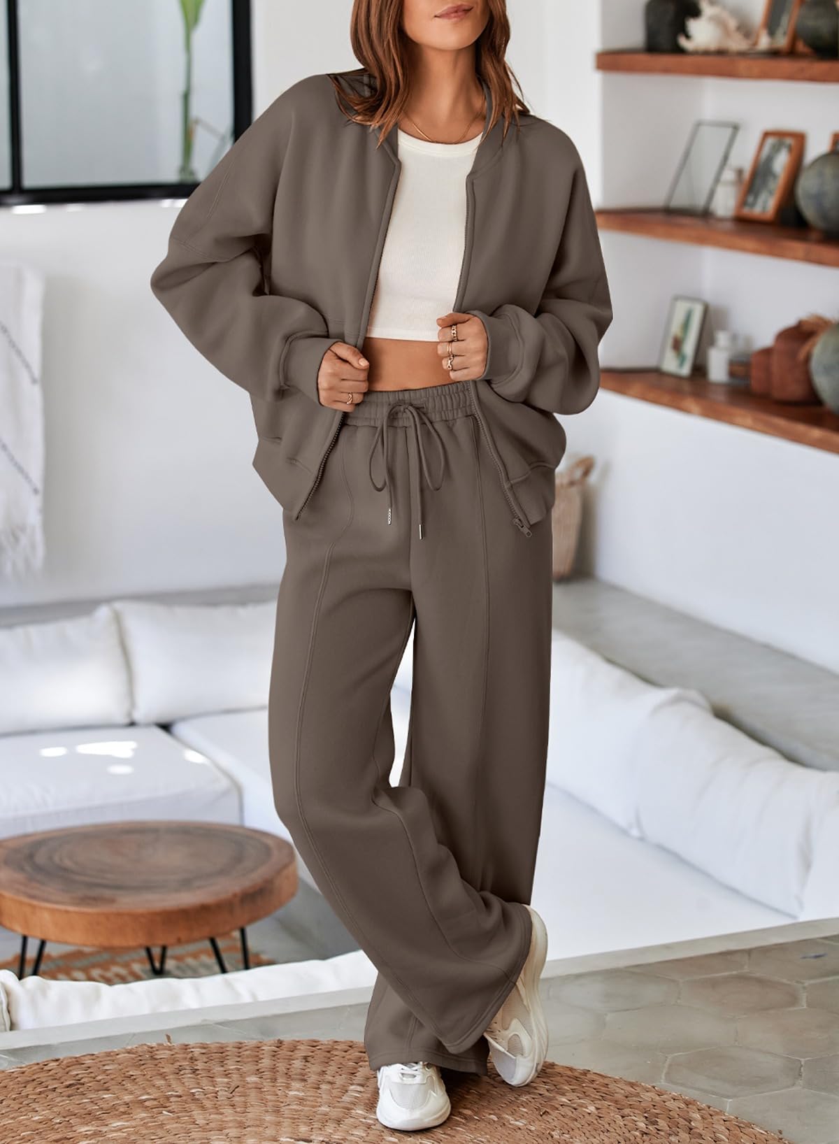 Aleumdr Women's 2 Piece Fleece Lounge Set - Oversized Zip Up Hoodie & Wide Leg Sweatpants | Cozy Winter Outfit for Home, Travel & Casual Wear