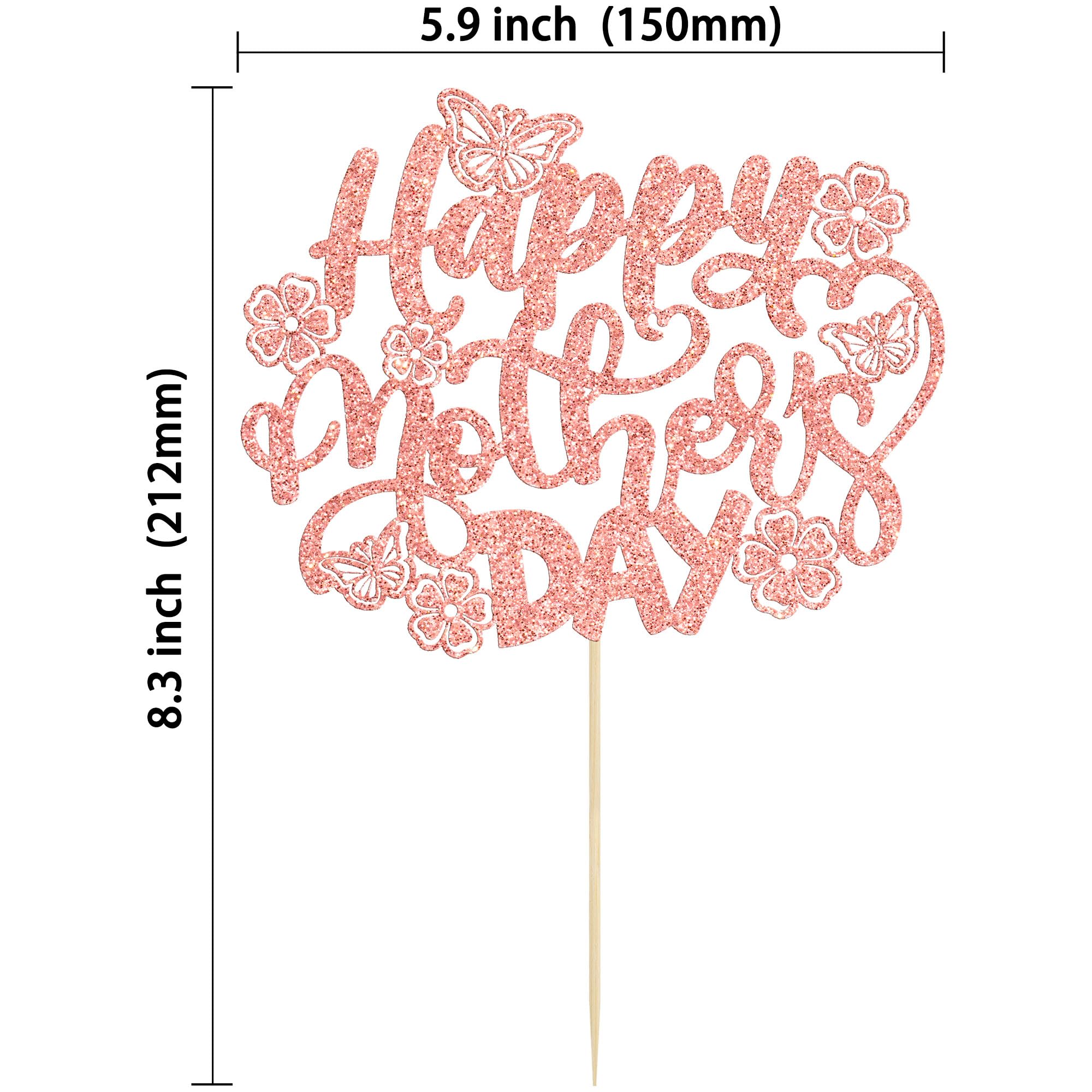 1 Pack Rose Gold Glitter Happy Mother's Day Cake Toppers - Mom Cake Picks for Birthday, Wedding & Mother's Day Party Decorations | Cake Decorating Supplies for Women, DIY Dessert Toppers