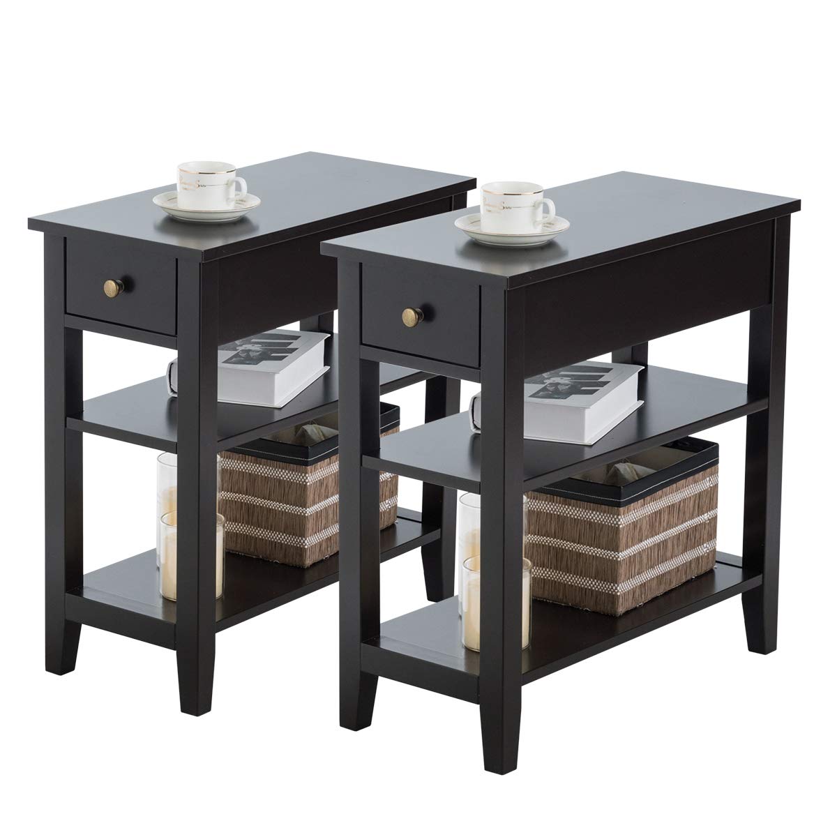 Giantex Narrow End Table Set of 2, Small Side Table with Drawer and Shelf, Wood Accent Sofa Table, Skinny Nightstand for Small Space - Perfect for Living Room, Bedroom, Office or Dorm (Black)