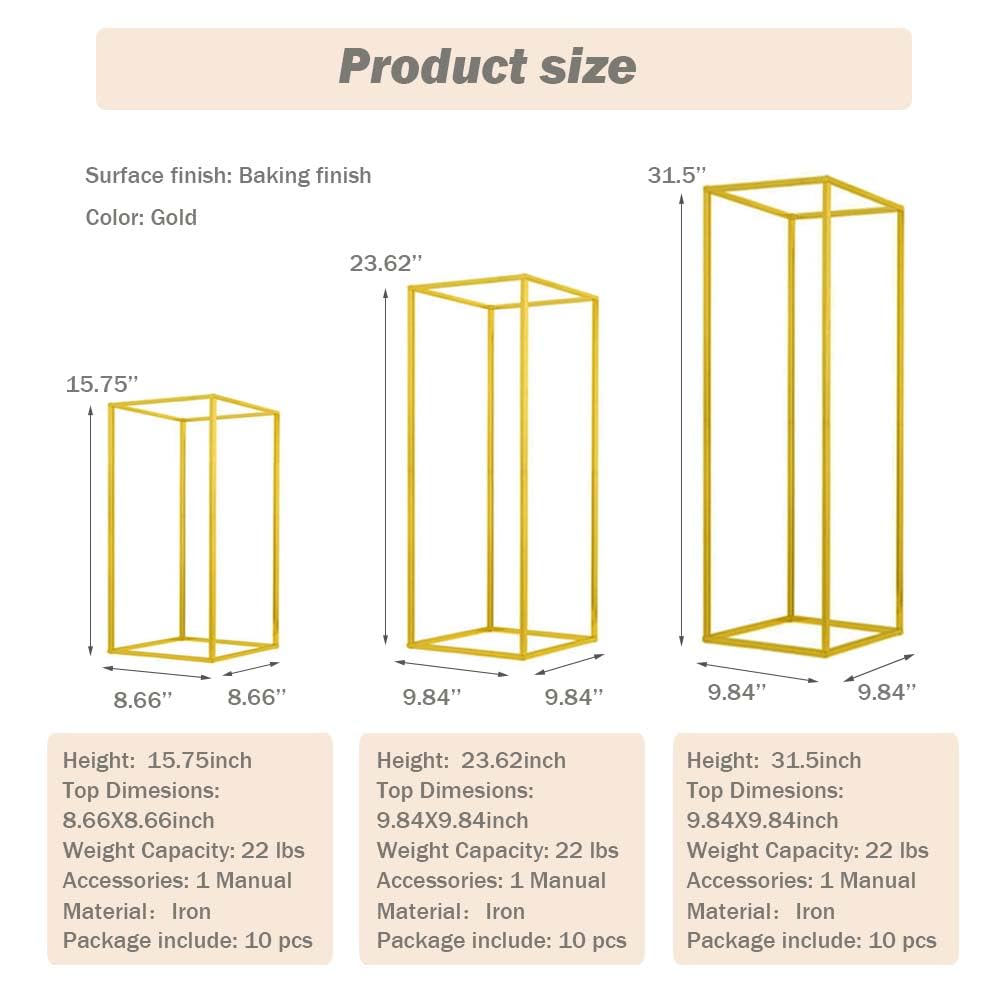 23.6 Inch 10-Piece Gold Metal Column Vases - Elegant Wedding Table Centerpieces, Floral Stands for Parties, Events & Home Decor - Perfect for Weddings, Banquets, and Special Occasions