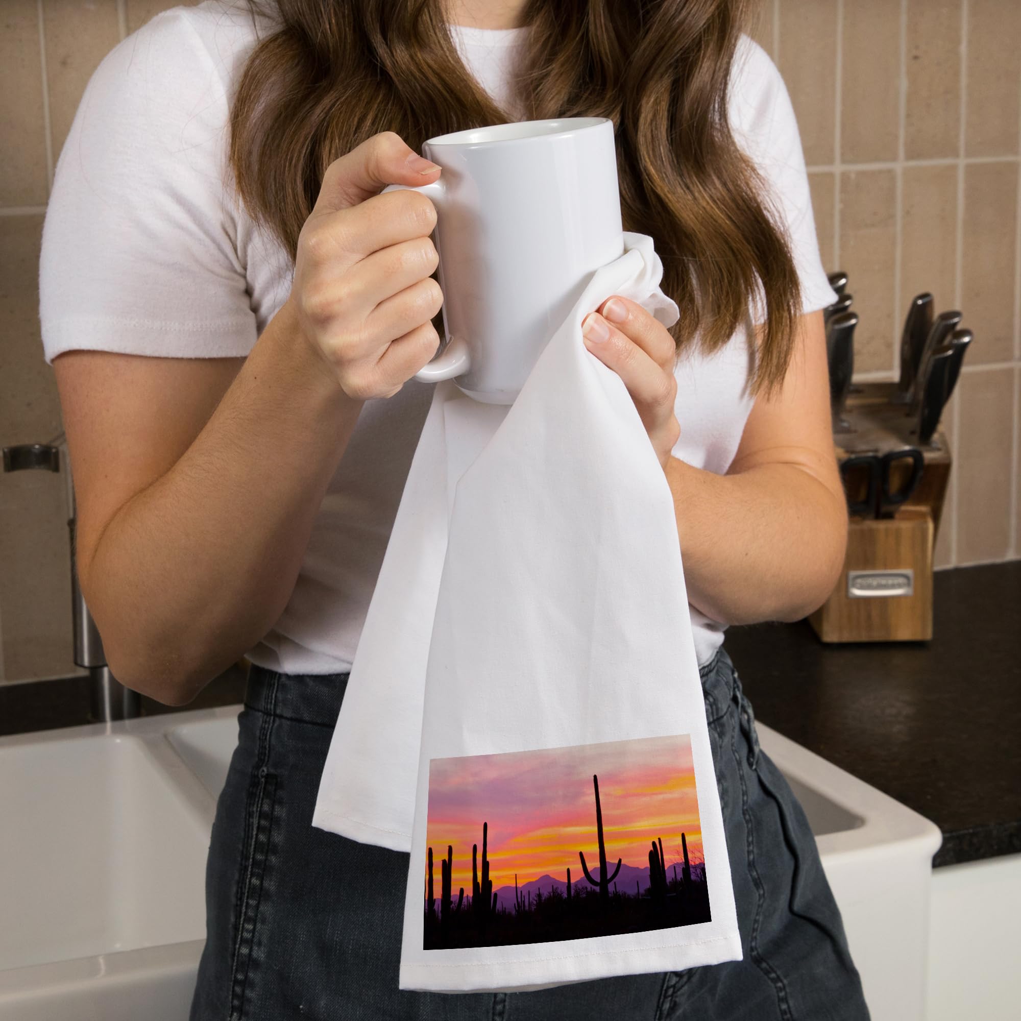 Lantern Press Sunset and Cactus Cotton Tea Towel - 100% Premium Cotton Decorative Hand Towel for Kitchen, Bathroom & Home Decor | Perfect for Dish Drying, Gift Giving and Southwestern Style Decor