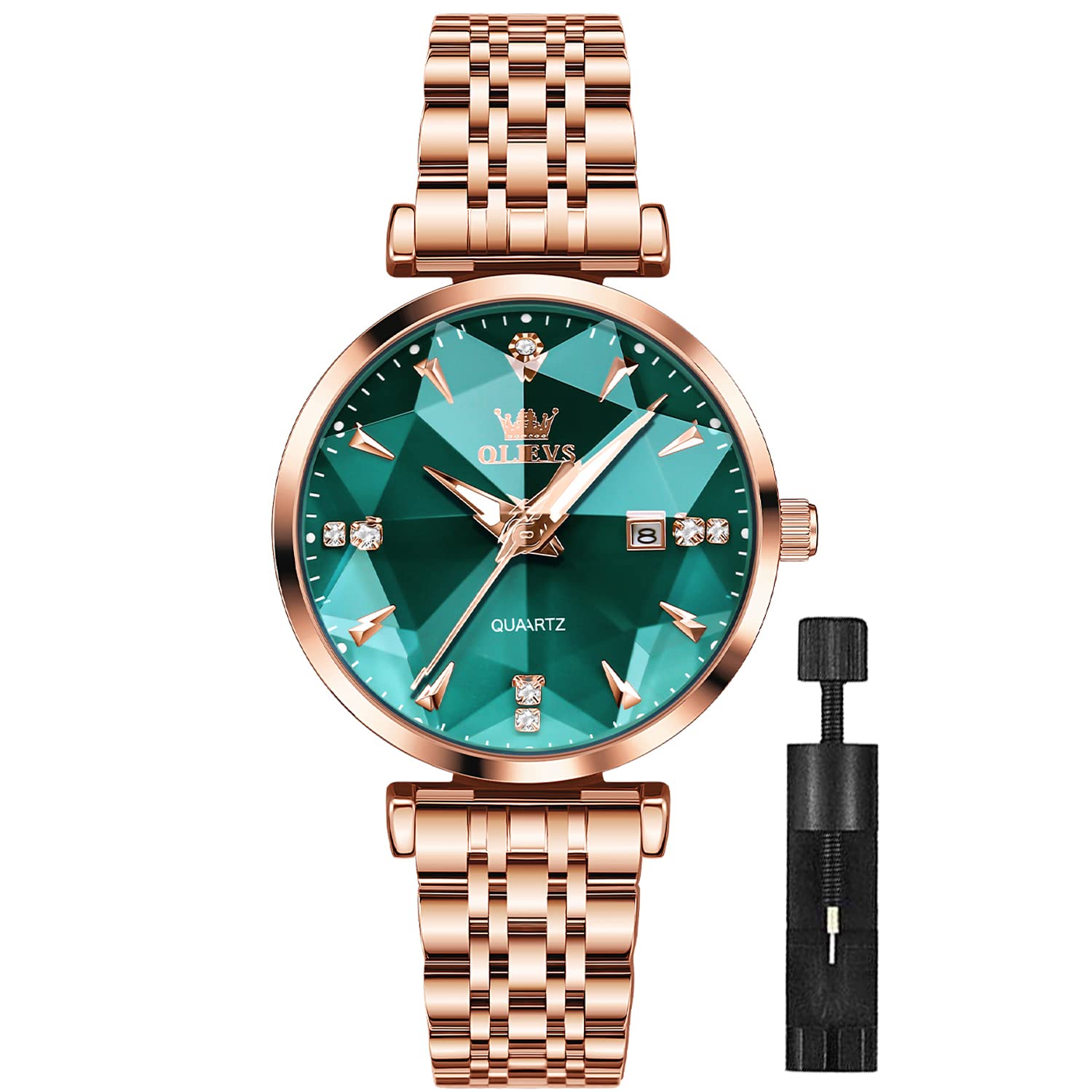 OLEVS Women's Luxury Rose Gold Diamond Analog Quartz Watch - Stainless Steel, Luminous, Waterproof with Date - Perfect for Dressy Occasions, Office & Everyday Wear