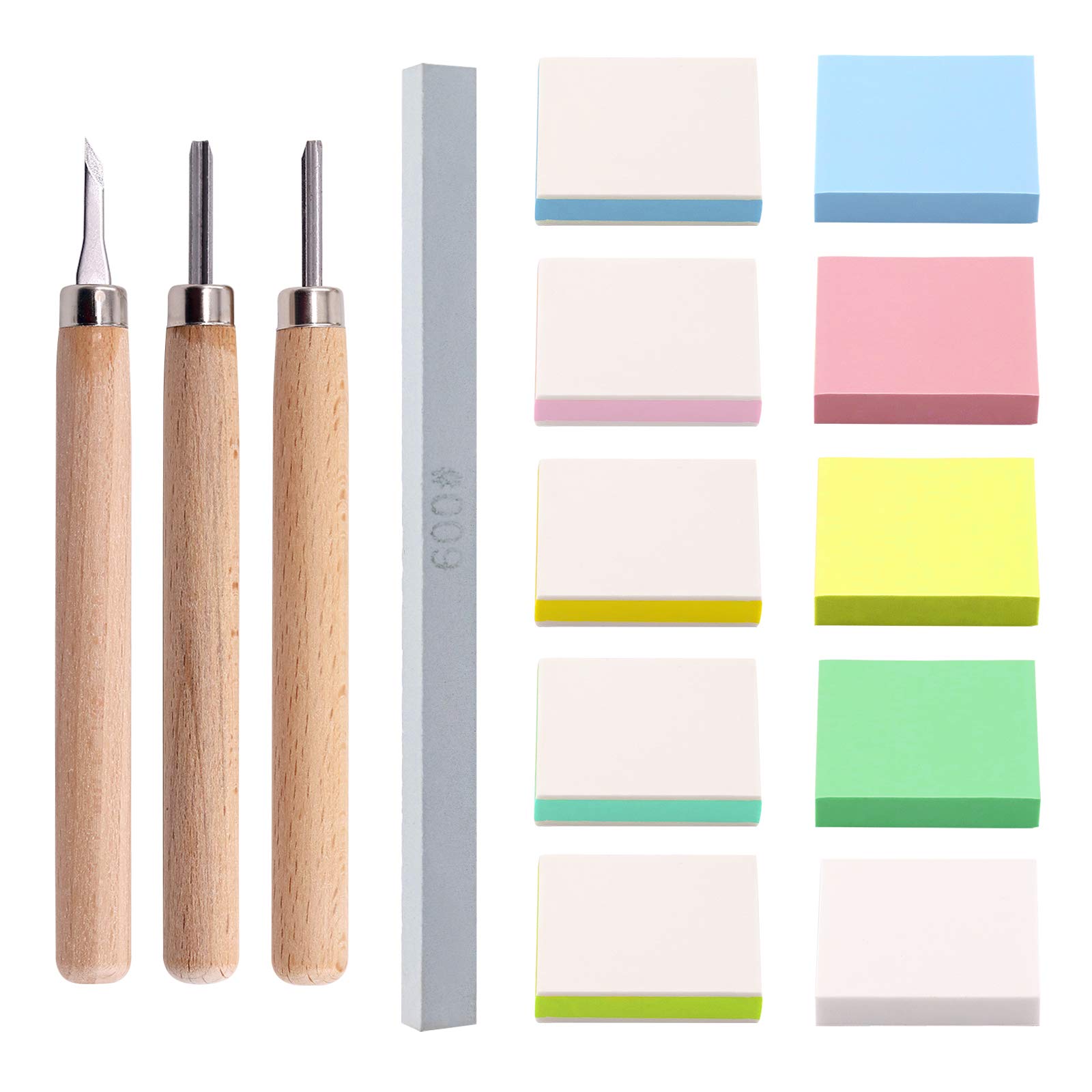 Swpeet 14-Piece 50mm Square Rubber Stamp Carving Set - 2 Mixed Flat Stamp Blocks, 3 Carving Knives & Polished Stone Kit - Double-Sided Removable Carving Blocks for DIY Scrapbooking, Postcards & Handmade Greeting Cards - Perfect for Crafting, Paper Art & Personalized Stationery Projects