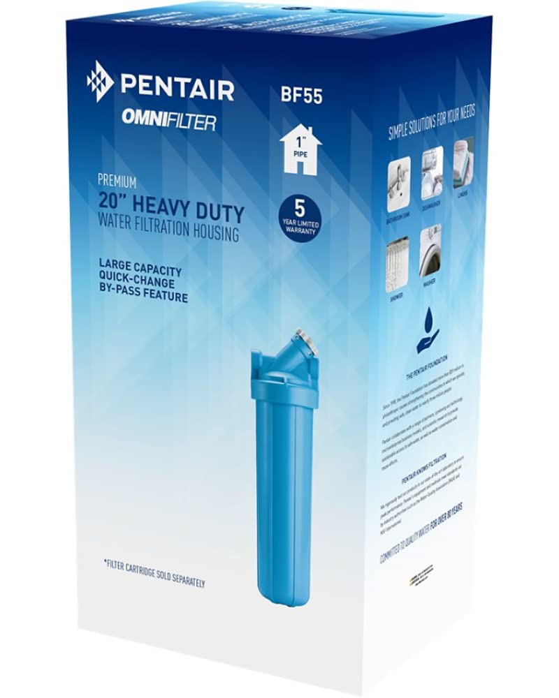 Pentair OMNIFilter BF55 20-Inch Whole House Water Filter Housing with Built-in Bypass - Heavy Duty Blue Water Filtration System for Clean Drinking & Shower Water - Ideal for Home, RV & Well Water Filtration