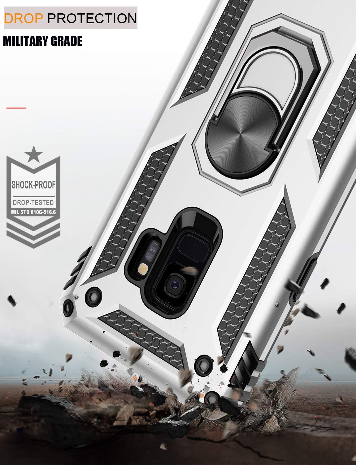 LUMARKE Galaxy S9 Case with Magnetic Ring Kickstand - 16ft Drop Tested, Military Grade Protection, Car Mount Compatible - Silver | Perfect for Outdoor Adventures, Work, and Daily Use