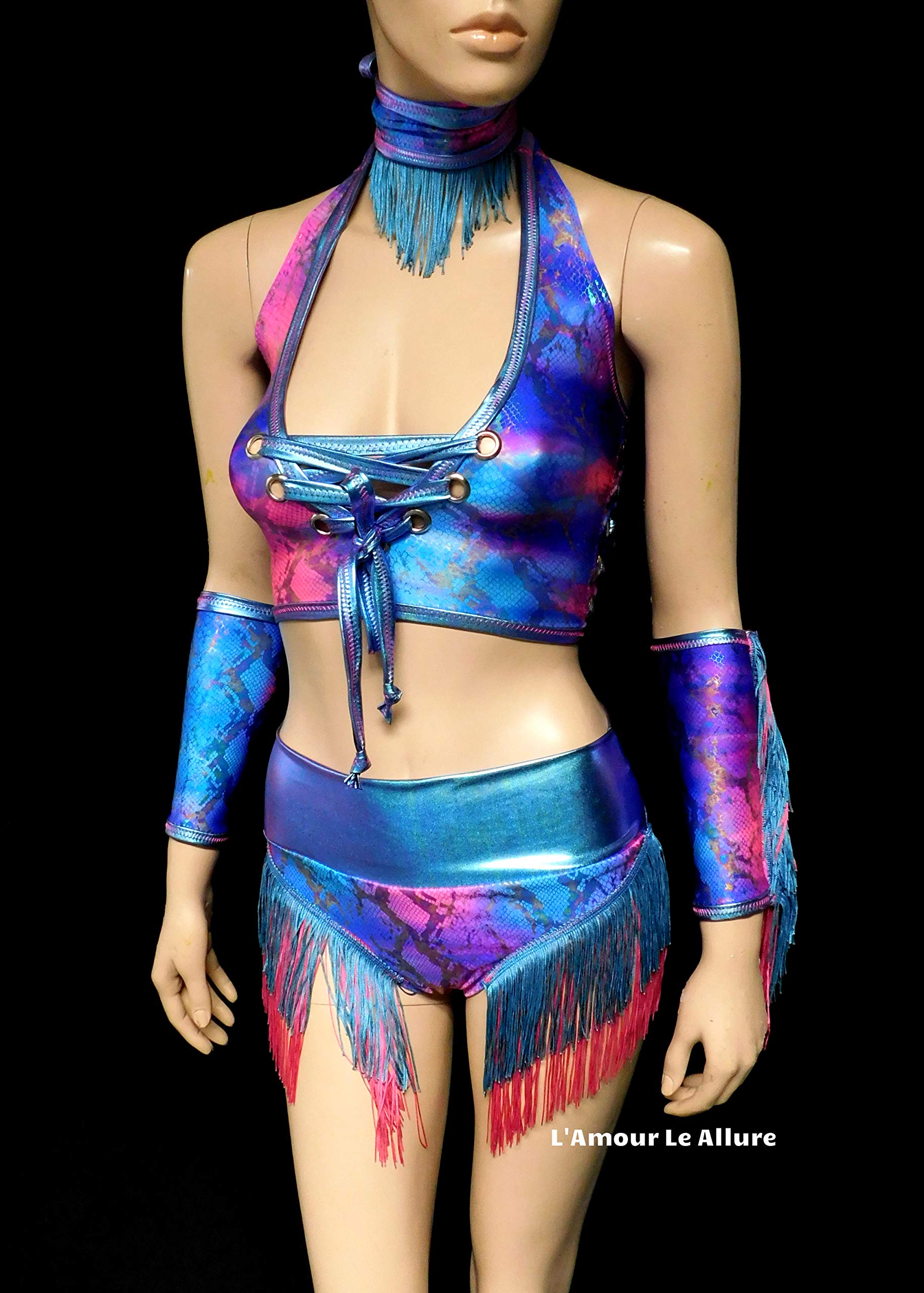 Blue & Pink Holographic Fringe Snake Print Cowgirl Outfit - Halter Top & High Waist Scrunchie Shorts Set for Music Festivals, Rodeo Parties & Western Fashion