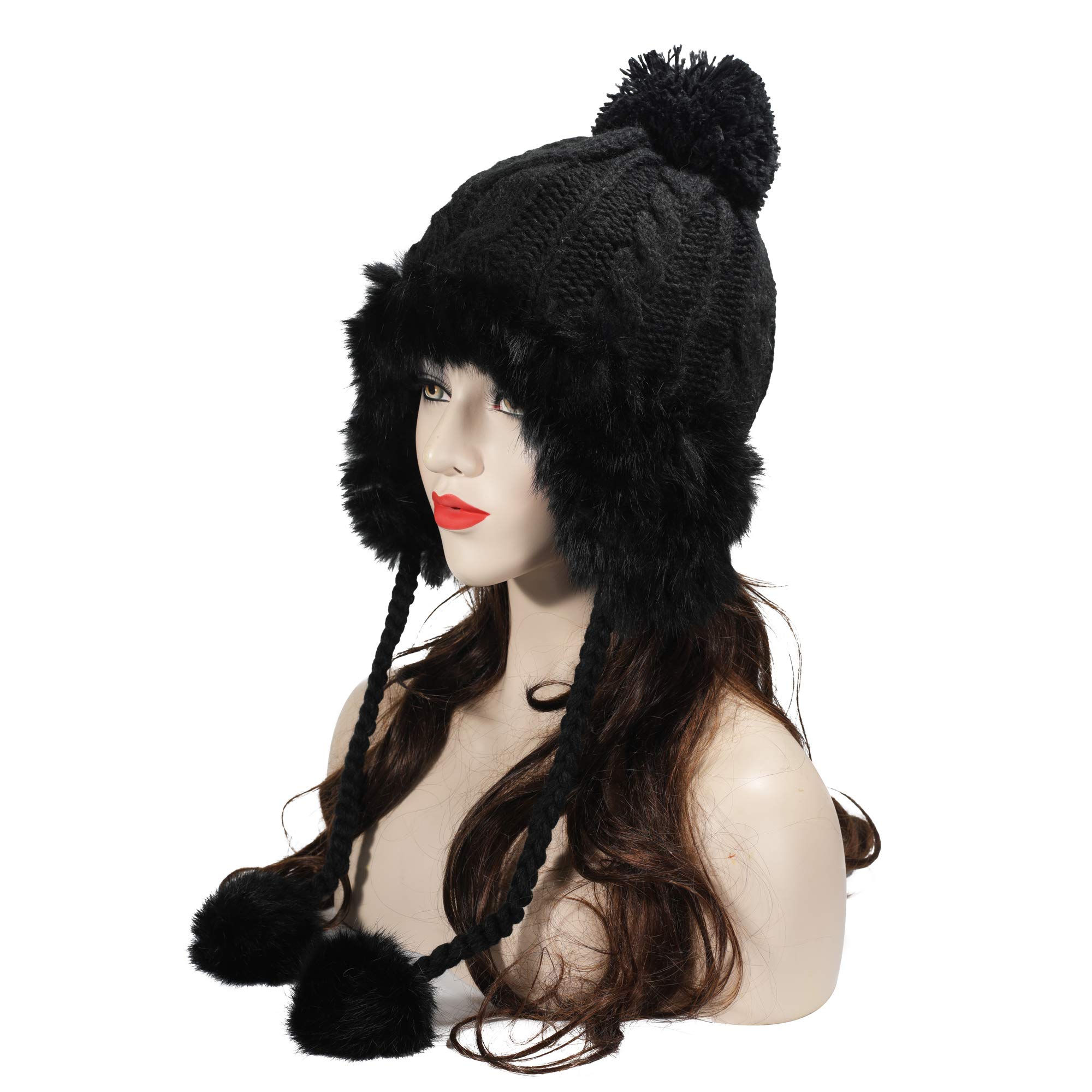 ZLYC Women's Winter Warm Rabbit Fur Knit Bobble Beanie Hat with Earflaps - Cozy & Stylish Cold Weather Accessory for Outdoor Activities, Skiing, and Daily Winter Fashion