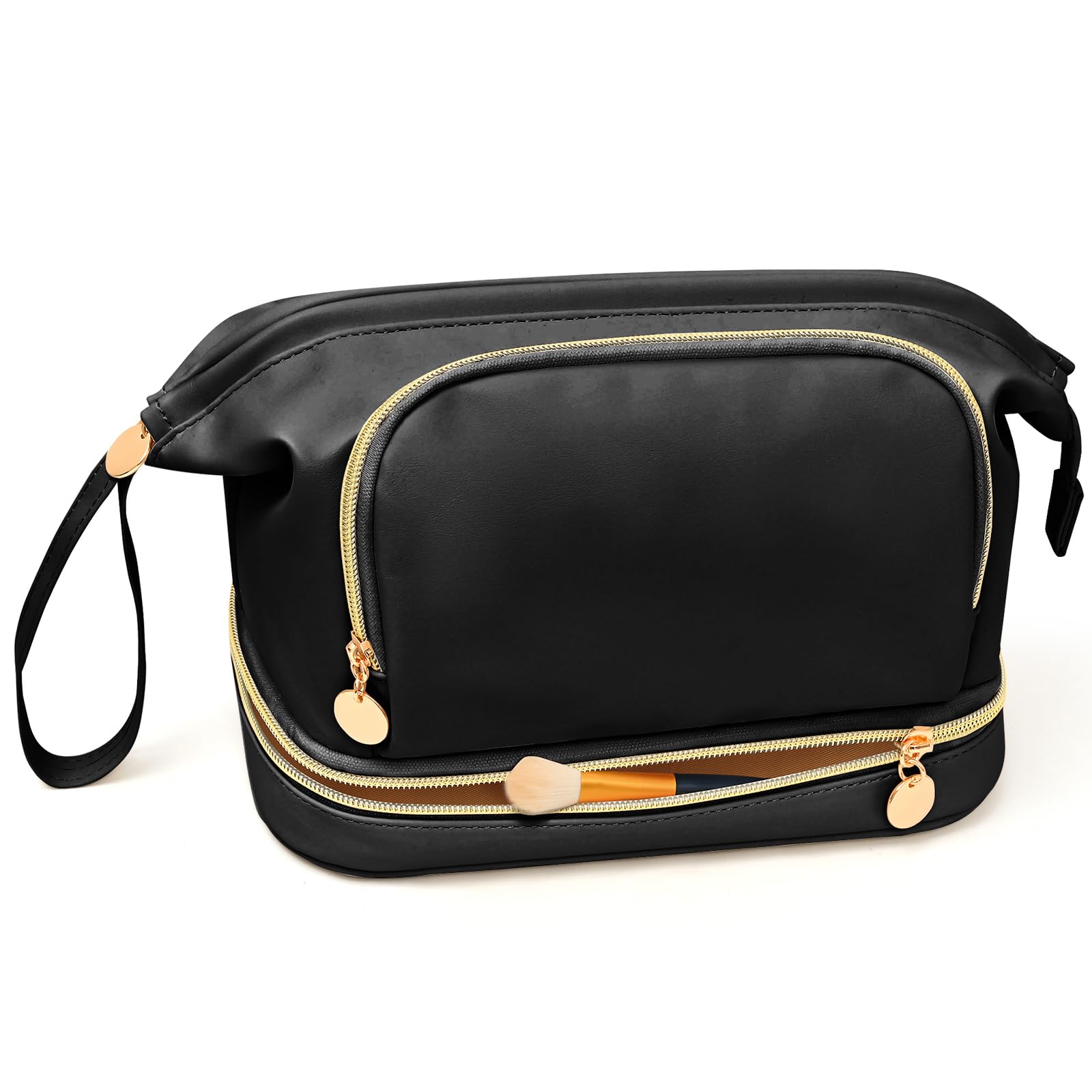 Large Double Layer Makeup Bag Organizer for Women - Leather Waterproof Cosmetic & Toiletry Travel Bag - Portable Roomy Storage for Makeup Brushes, Skincare & Essentials - Perfect for Travel, Gym, Weekend Getaways (Q-Black)