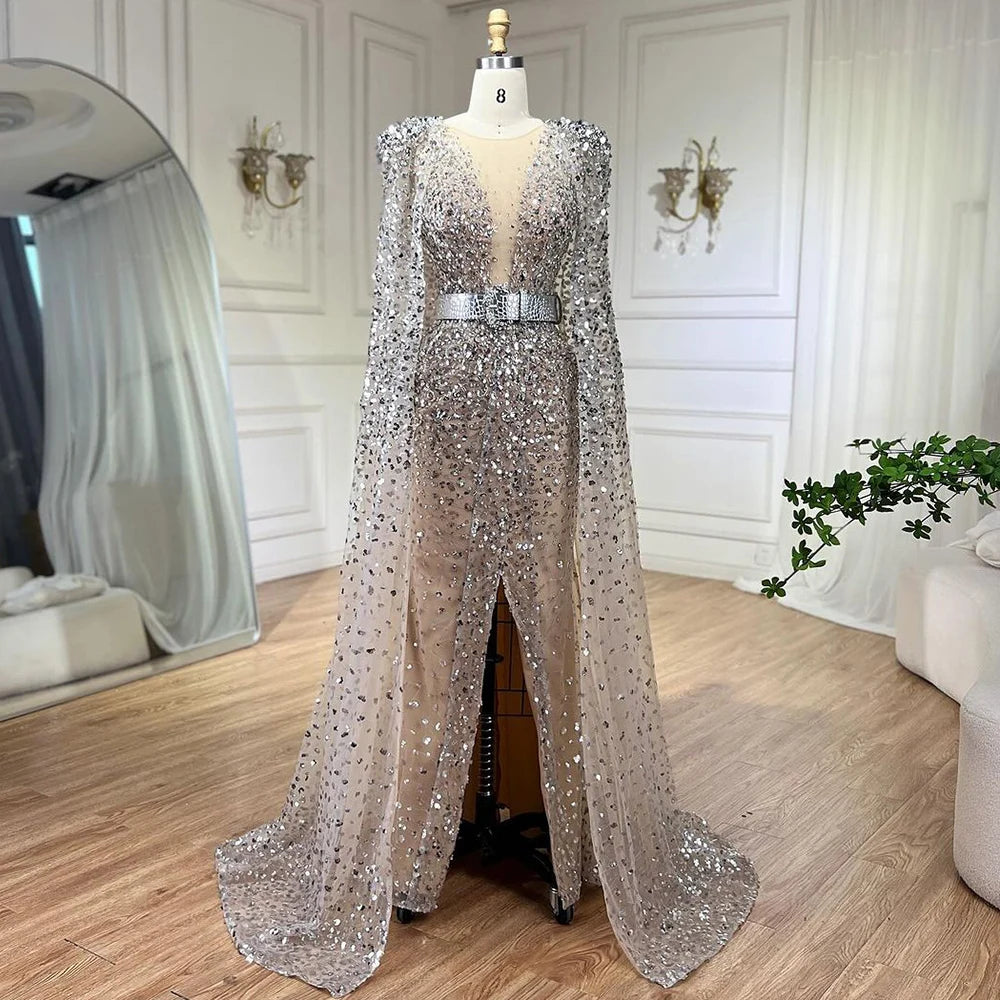 Serene Hill Nude Mermaid Evening Gown with Luxury Cape Sleeves - Beaded Elegant Backless Dress for Women's Party 2025 LA71561 | Perfect for Prom, Gala, Red Carpet & Formal Events