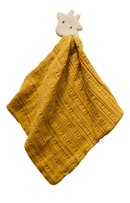 Organic Giraffe-Shaped Natural Rubber Teether with Mustard Muslin Comforter - Safe Baby Teething Toy for Soothing Sore Gums | Perfect for Infants & Toddlers at Home or On-the-Go