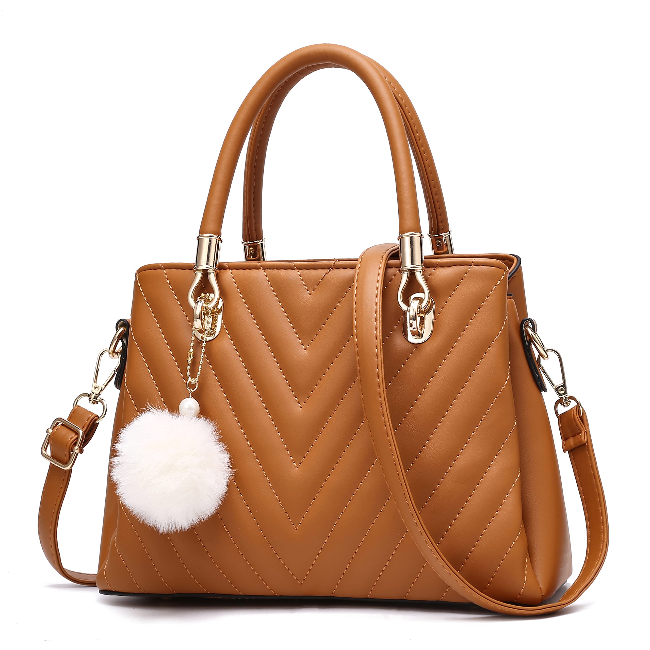 Women's Fashion Leather Handbags - Quilted Top Handle Tote Satchel Shoulder Bag with Pompom | Perfect for Work, Travel & Daily Use