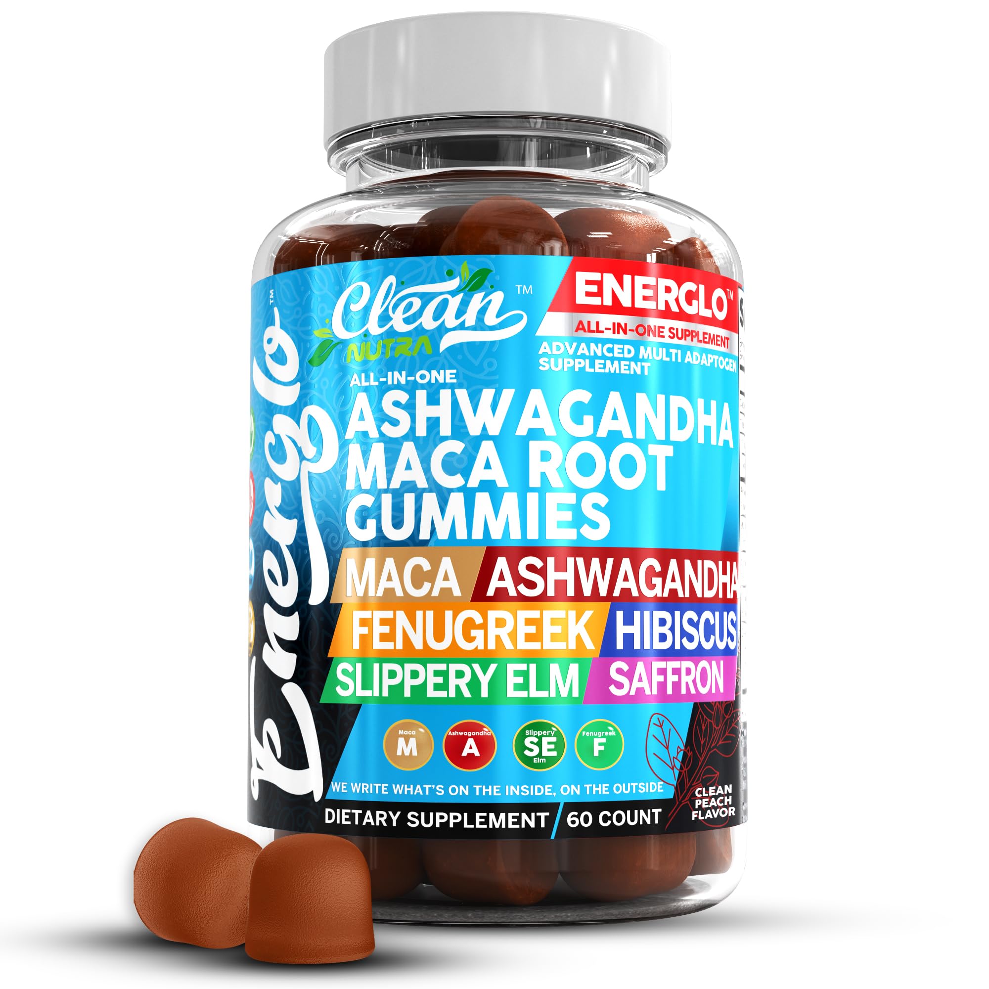 Ashwagandha & Maca Root Gummies with Fenugreek, Hibiscus, Slippery Elm & Saffron Extract | Vegan Adaptogen Supplement for Stress Relief, Energy Boost & Cortisol Support | Peach Flavor Gummy Vitamins with Beta Carotene | Perfect for Daily Wellness, Workout Recovery & Mental Focus by Clean Nutra