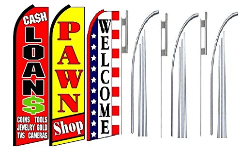 OnPoint Wares Pawn Shop Welcome King Feather Flag Sign Kit with Pole & Ground Spike - 3 Pack | Perfect for Pawn Shops, Cash Loan Businesses & Retail Stores Outdoor Advertising