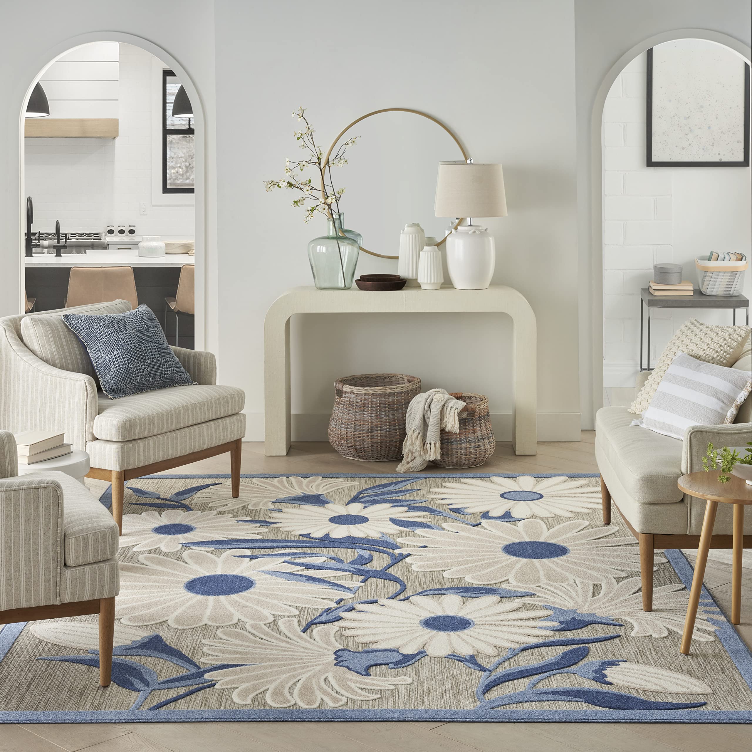 Nourison Aloha Indoor/Outdoor Blue/Grey 6' x 9' Area Rug - Easy to Clean, Non-Shedding, Stain Resistant | Perfect for Bedroom, Living Room, Dining Room & Kitchen Decor | Durable for High Traffic Areas & Pet-Friendly Homes