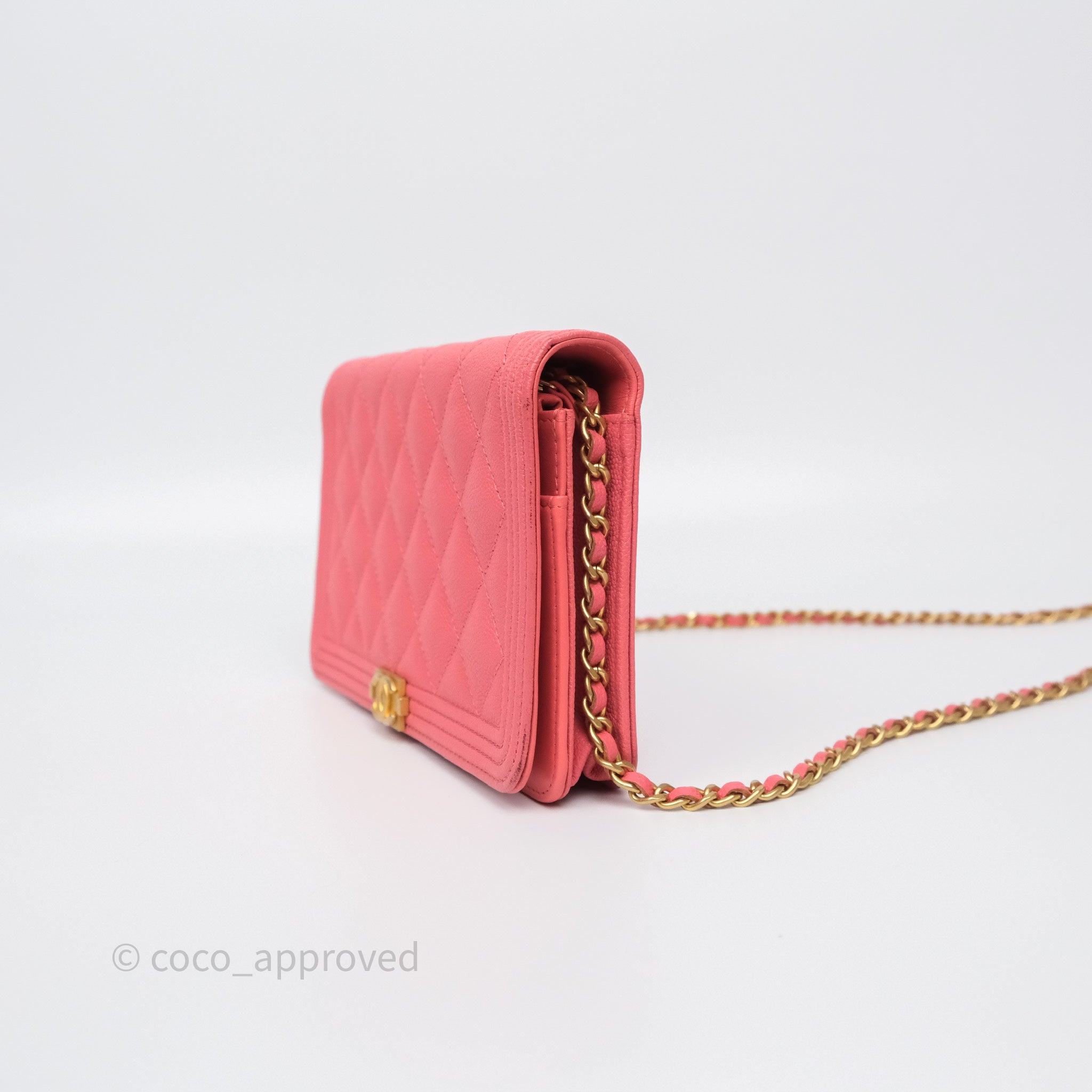 Chanel Boy Wallet on Chain WOC Quilted Dark Pink Caviar Leather with Aged Gold Hardware - Perfect for Evening Events & Luxury Fashion Accessories