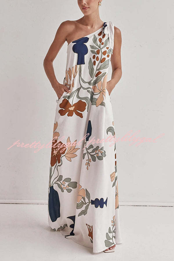 Stylish Vacation One Shoulder Tie-Up Maxi Dress with Pockets - Perfect for Beach Getaways, Summer Travel & Casual Outings