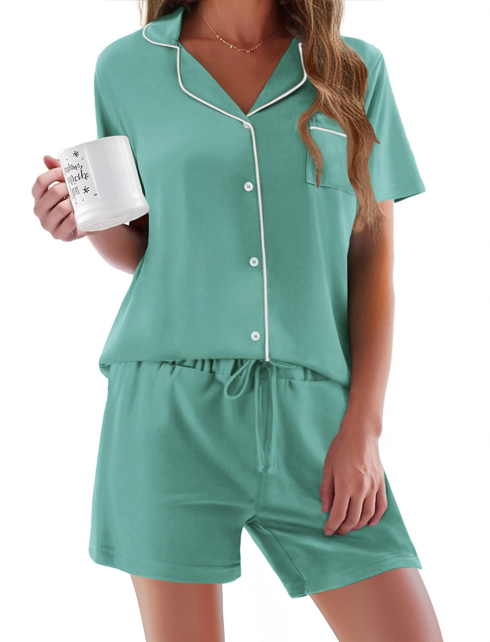 Ekouaer Women's Soft Short Sleeve Pajama Set - 2 Piece Button Down Sleepwear & Lounge Outfit for Comfortable Nightwear, Relaxing at Home or Vacation