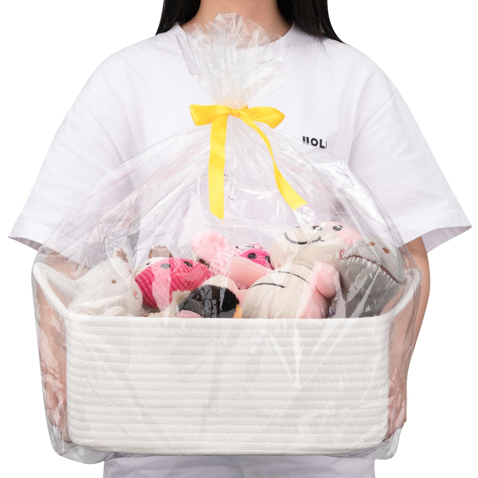 OIAHOMY Woven Storage Basket with Handles - White Gift Basket for Baby Showers, Nursery Organization & Pet Toy Storage | Includes Gift Bags & Ribbons | Perfect for Home Decor, Wedding Favors & Holiday Gifting