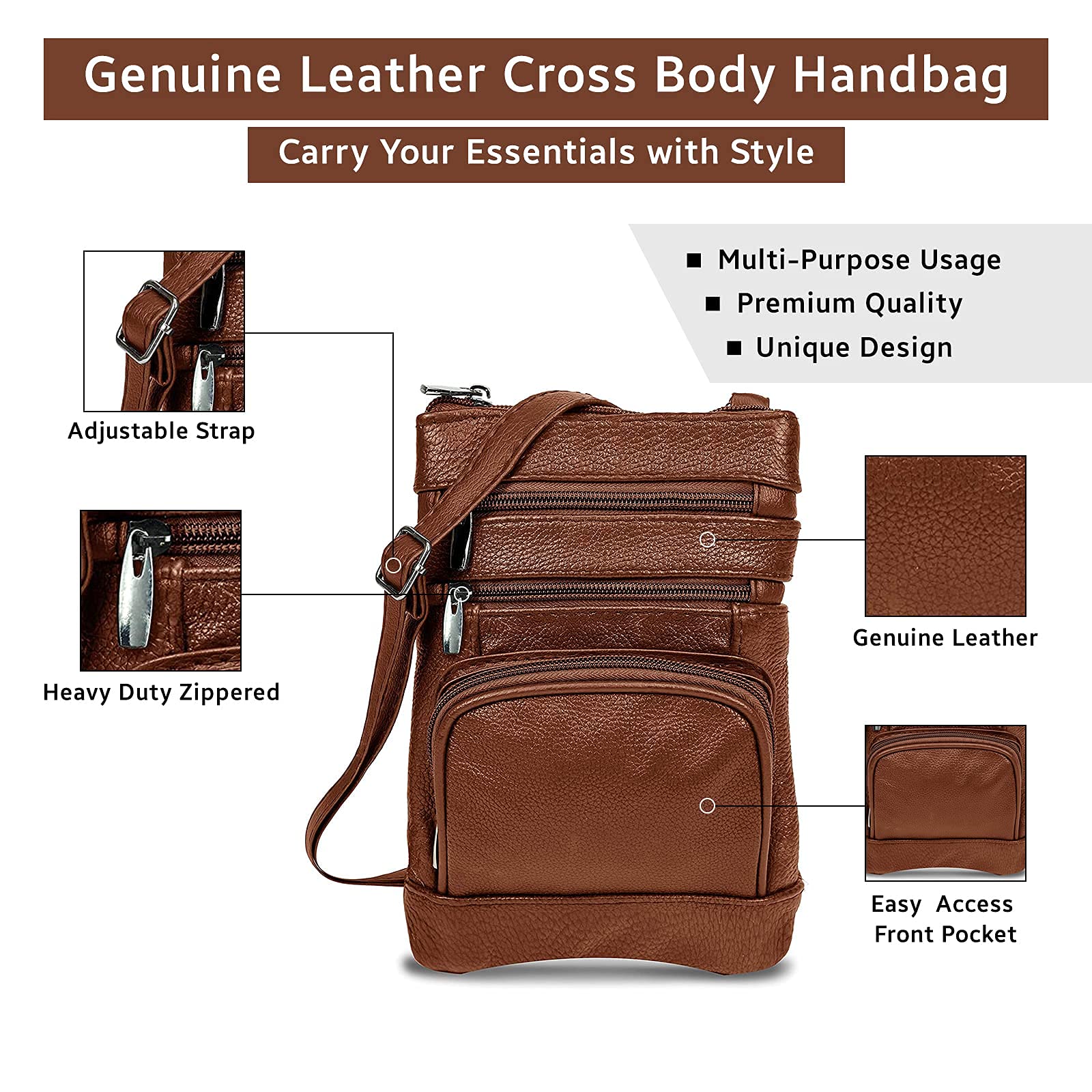 Krediz Genuine Leather Crossbody Bag for Women - Adjustable Strap, Multiple Pockets, Soft & Durable - Perfect for Travel, Shopping & Everyday Use