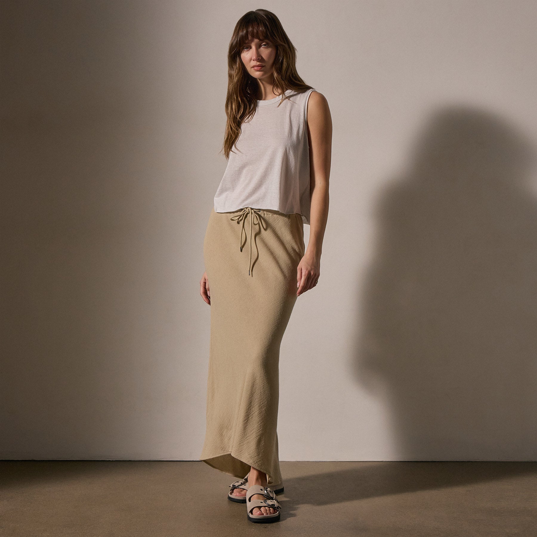 High-Low Wool Blend Skirt in Biscuit - Elegant A-Line Hem for Women | Perfect for Office, Parties & Special Occasions