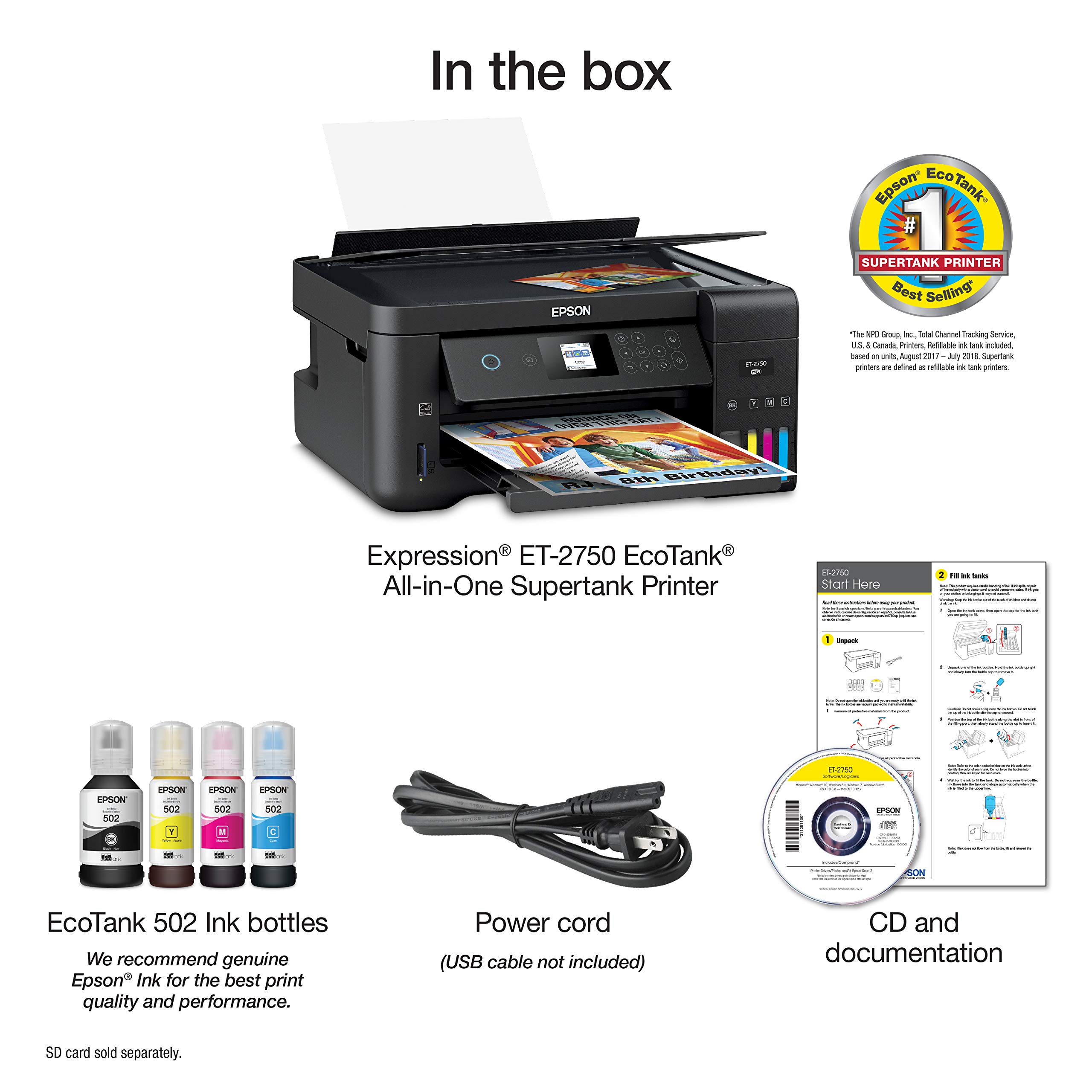 Epson Expression ET-2750 EcoTank Wireless Color All-in-One Printer with Scanner, Copier & Supertank - Refurbished | Perfect for Home Office, Small Business & Remote Work Printing Needs
