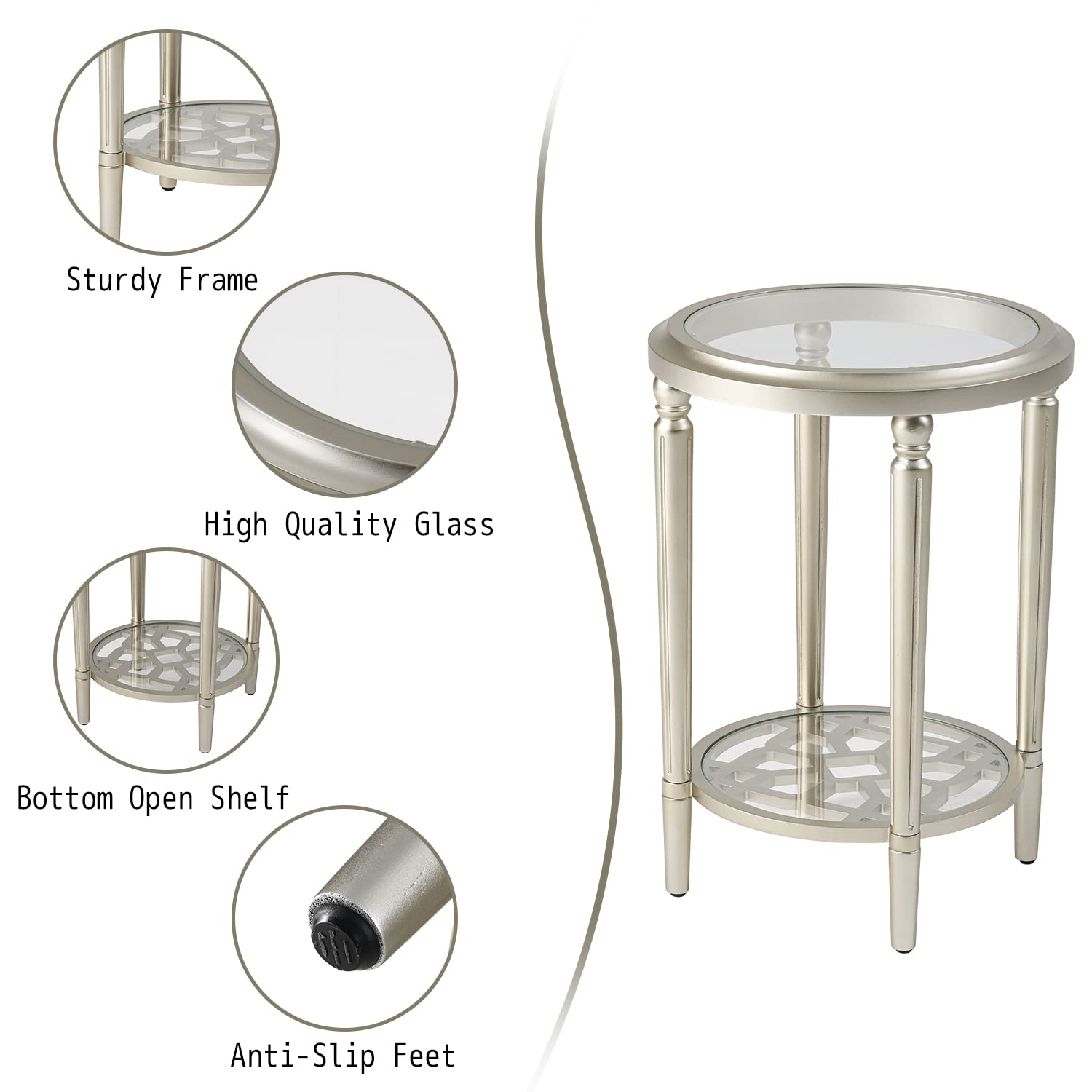 Modern Round Side Table with Champagne Tempered Glass - 2-Tier Storage End Table for Living Room, Bedroom & Office - Perfect for Small Spaces, Coffee Table Alternative, Nightstand or Accent Furniture