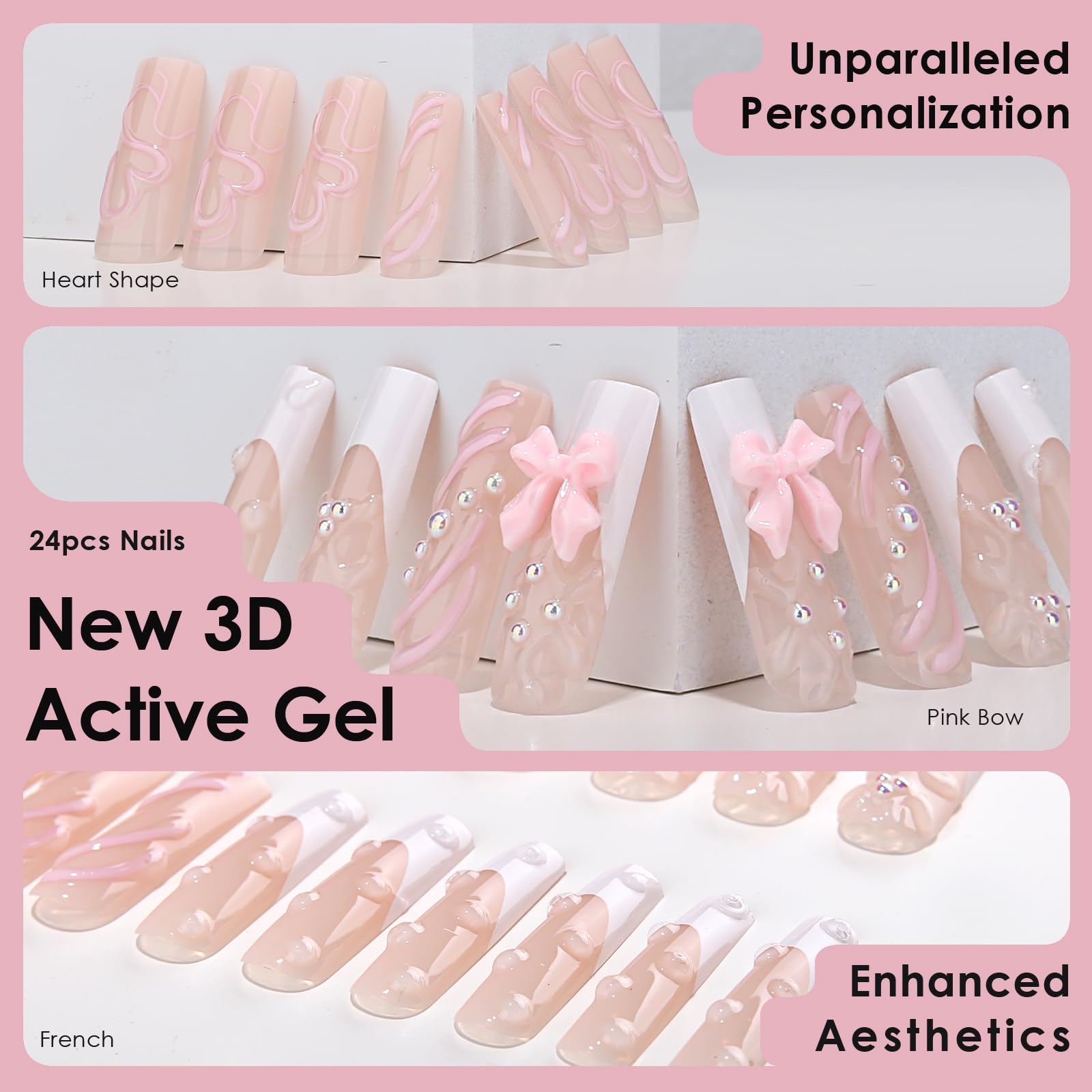 Cute Long Press On Nails Square Fake Nails - 24pcs 3D Gel Heart & Pink Bow French Design Acrylic Full Cover False Nails for Women | Perfect for Parties, Weddings & Daily Wear