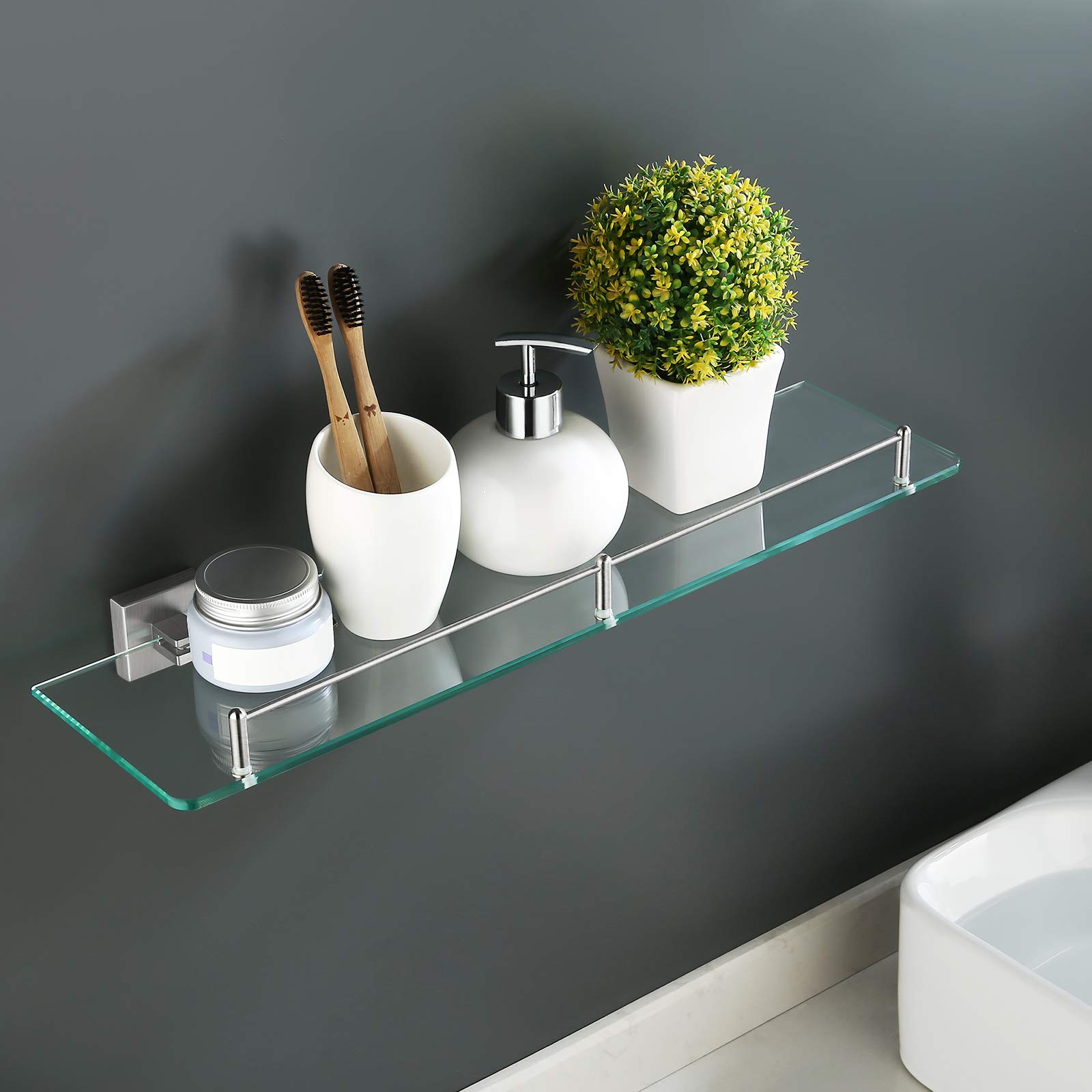 KES 1-Tier Rustproof Stainless Steel Bathroom Glass Shelf & Caddy - Wall Mount Brushed Finish Bathroom Storage Basket A2420A-2 | Perfect for Shower Organization, Spa Decor & Small Space Bathroom Storage