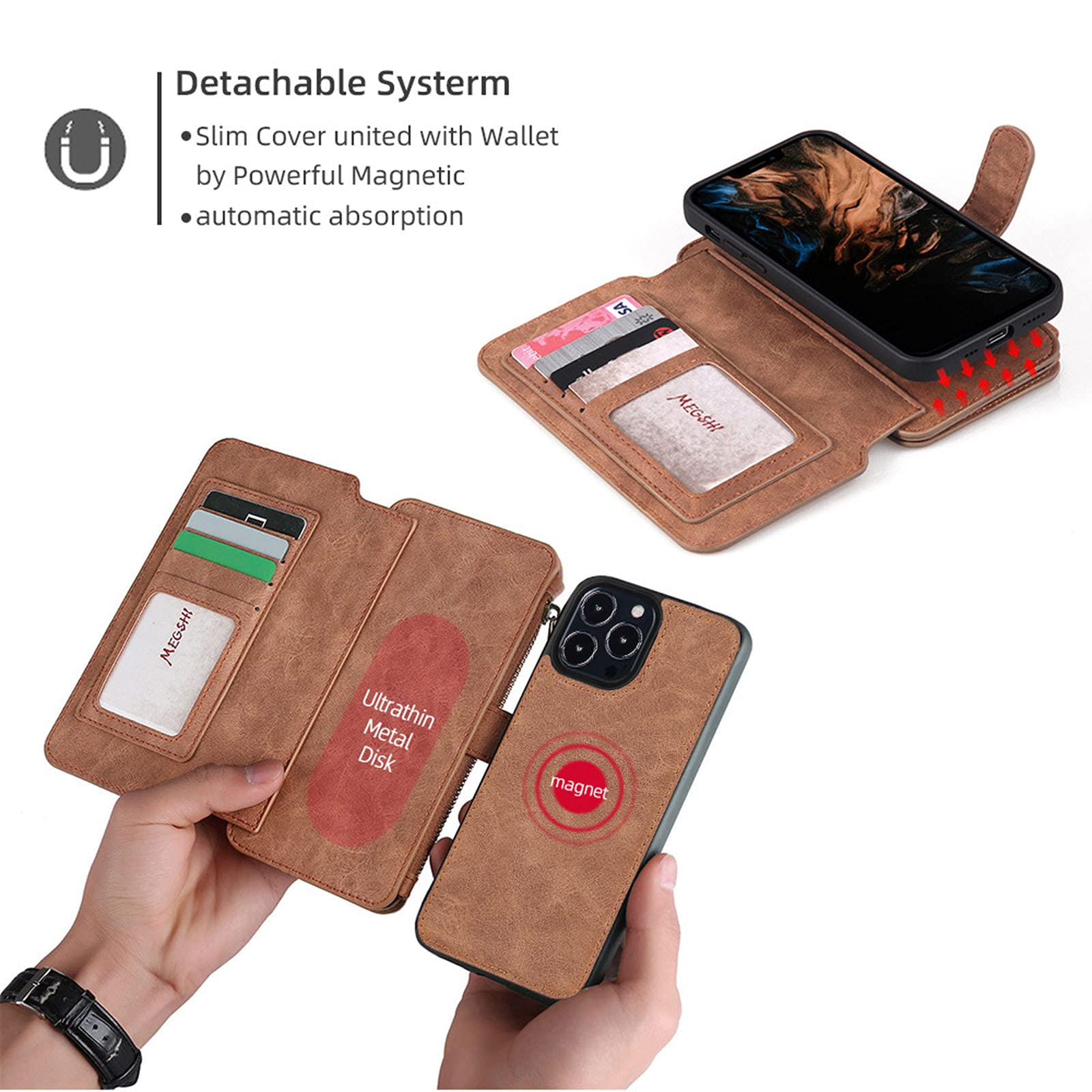 iPhone 13 Mini/Pro/Pro Max Wallet Case - 2 in 1 Magnetic Phone Cover with 14 Card Slots & Zipper Pocket | Slim Protective Holster for Credit Cards, ID & Cash | Perfect for Travel, Work & Everyday Use