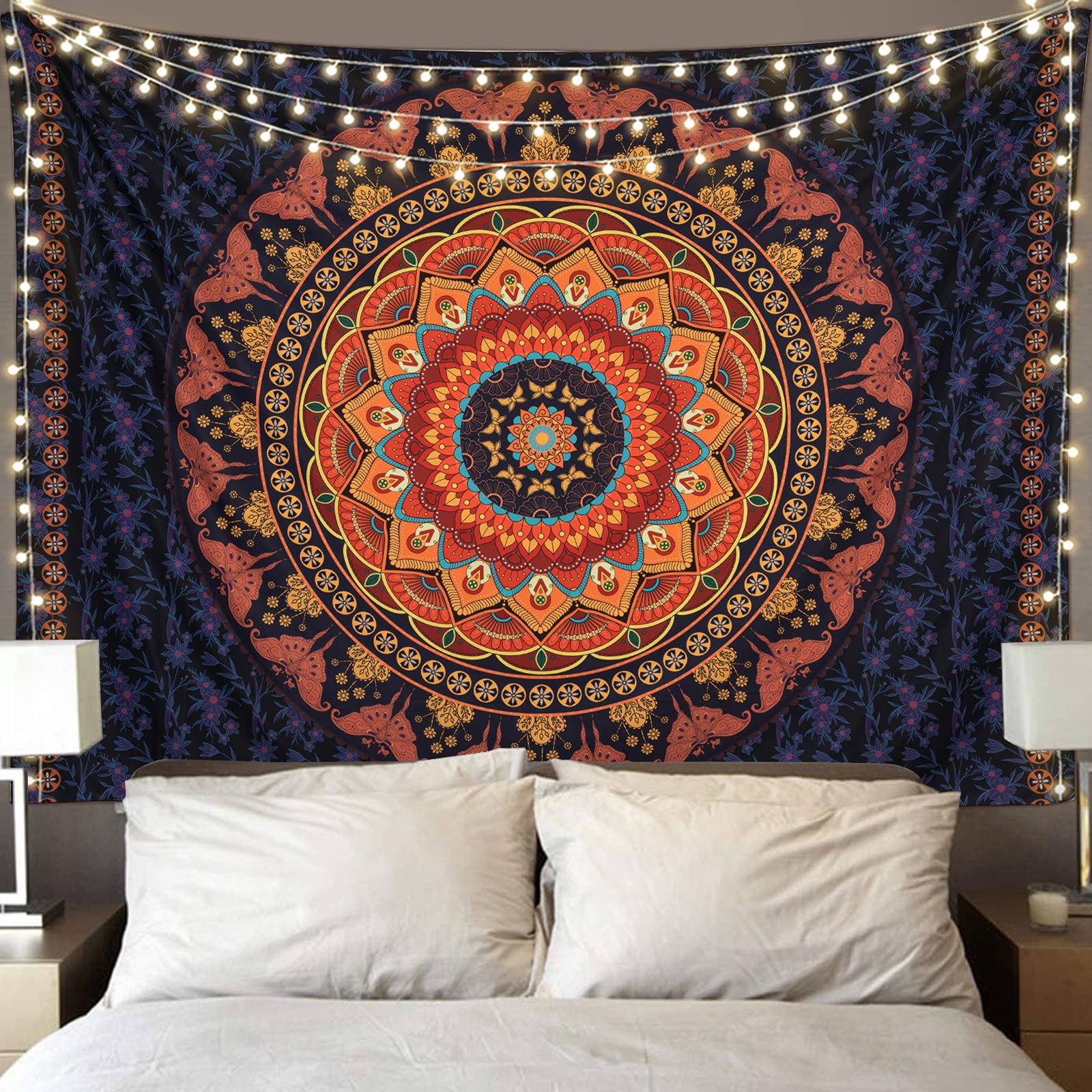 Boho Mandala Tapestry Wall Hanging - Psychedelic Hippie Butterfly Design Vintage Wall Art Decor for Bedroom, Living Room, Dorm - Perfect for Meditation Spaces, Yoga Studios & Festival Decor (Red)