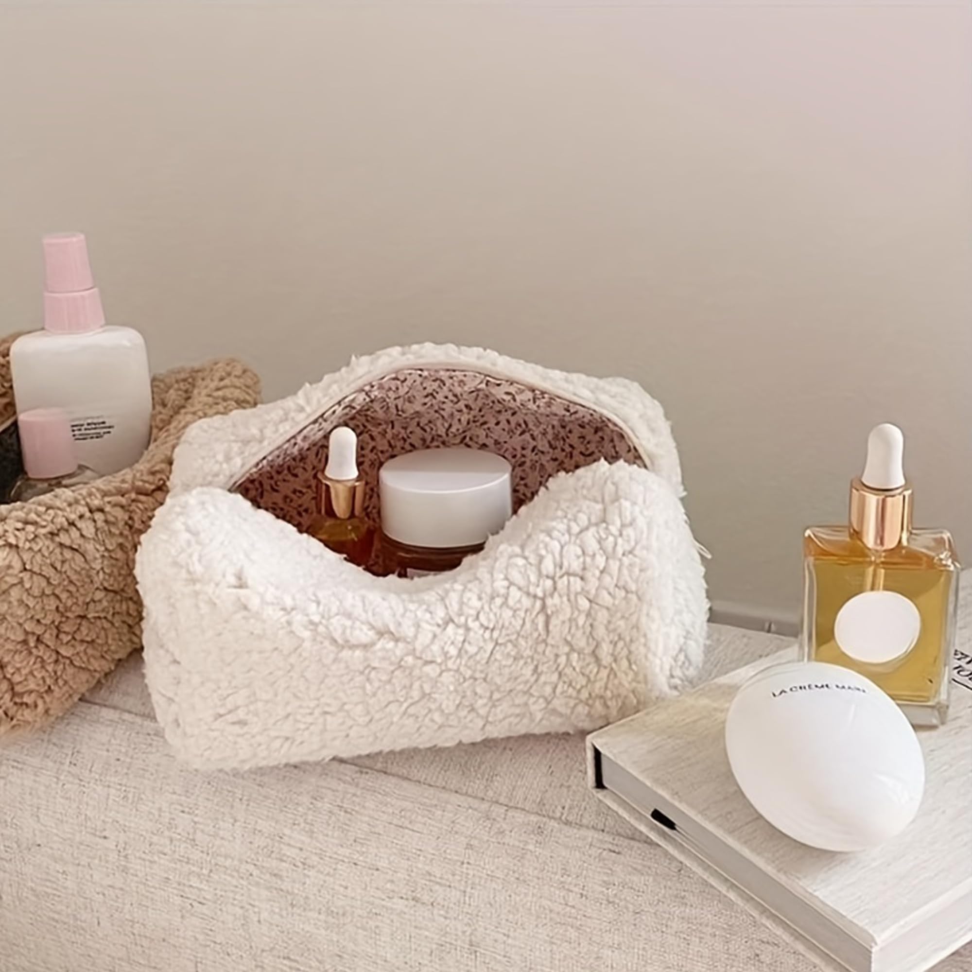 Fluffy White Plush Makeup Bag with Zipper - Portable Mini Skincare Storage Pouch for Travel & Daily Use | Fashionable Small Cosmetic Organizer (White)