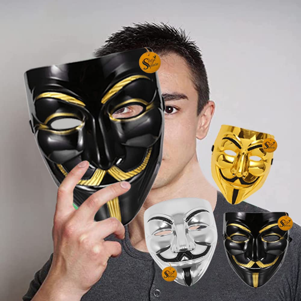 V for Vendetta Face Mask Set of 3 - Black, Gold & Silver Anonymous Cosplay Masks | Perfect Fit Fawkes Mask for Halloween, Protests & Movie Costumes