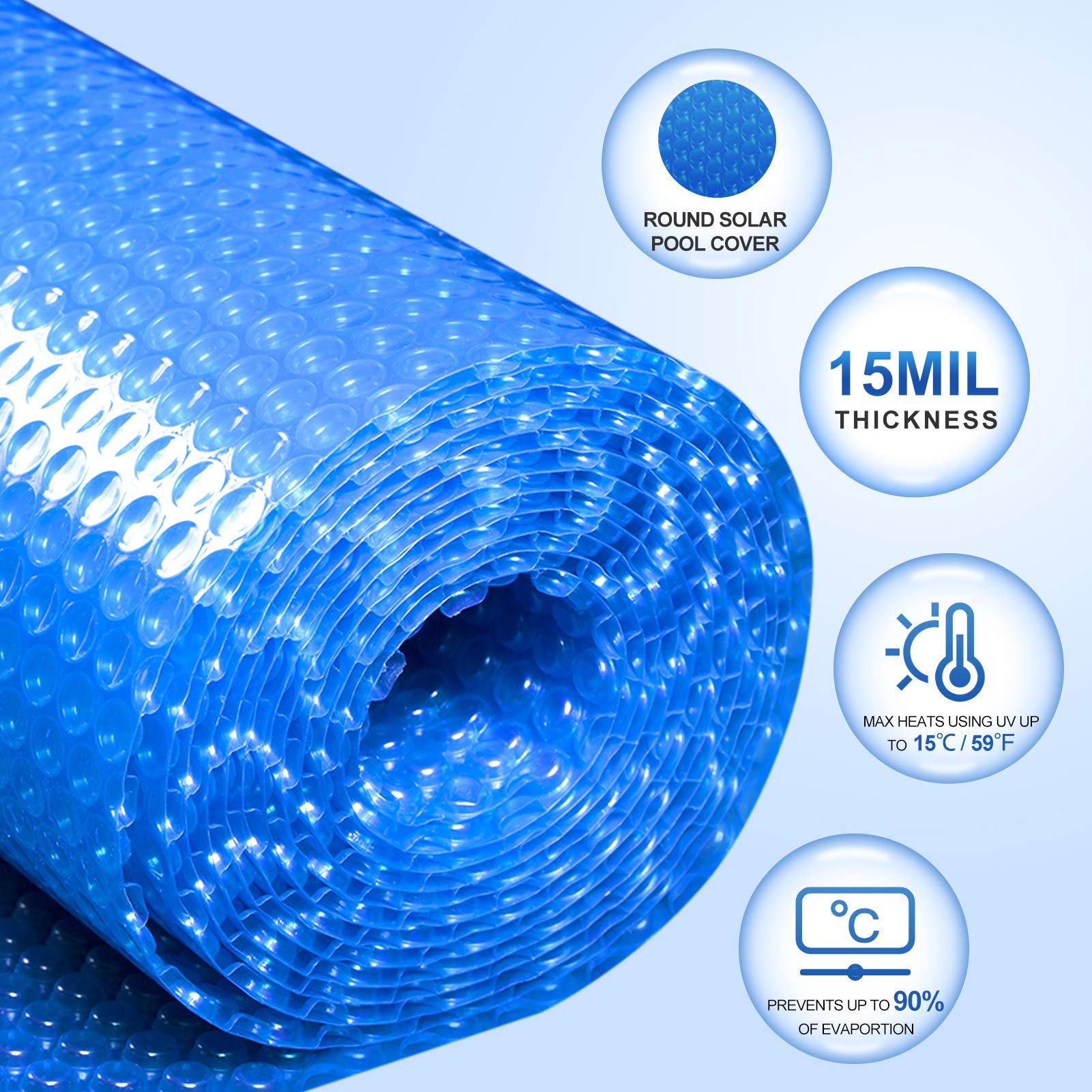 15 Ft Solar Pool Cover - Round Inground & Above Ground Swimming Pool, Hot Tub & Spa Thermal Blanket - Bubble Insulation for Heat Retention & Energy Savings - Perfect for Summer, Winter & Year-Round Use