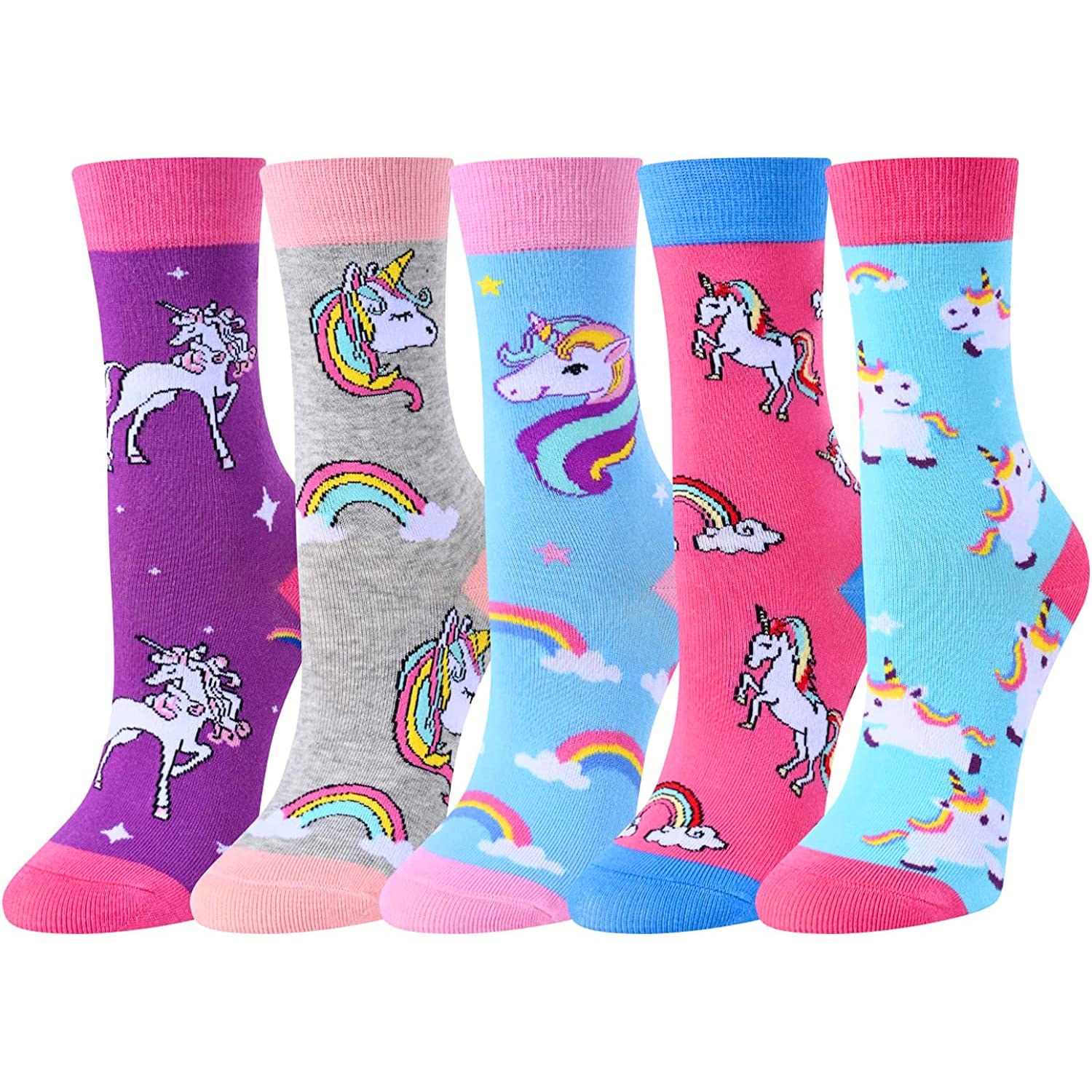 Zmart 5-Pack Cute Animal Socks for Girls - Llama, Unicorn, Corgi & Chicken Patterned Crew Socks - Soft Cotton Kids Socks for School, Gifts & Everyday Wear