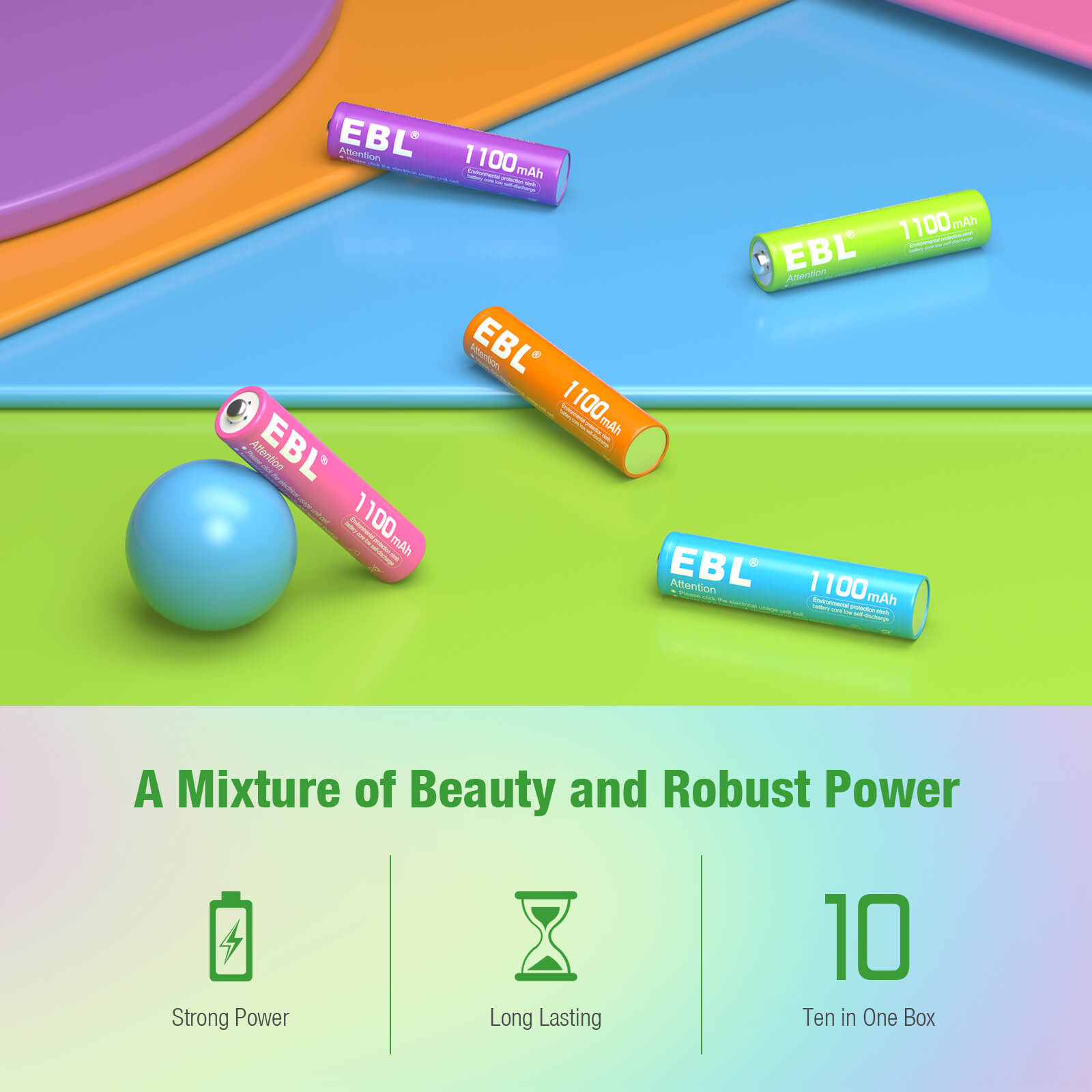 EBL 10-Pack Rainbow AAA Rechargeable Batteries 1.2V 1100mAh Ni-MH - Long Lasting Power for Toys, Flashlights, Remote Controls & Electronics