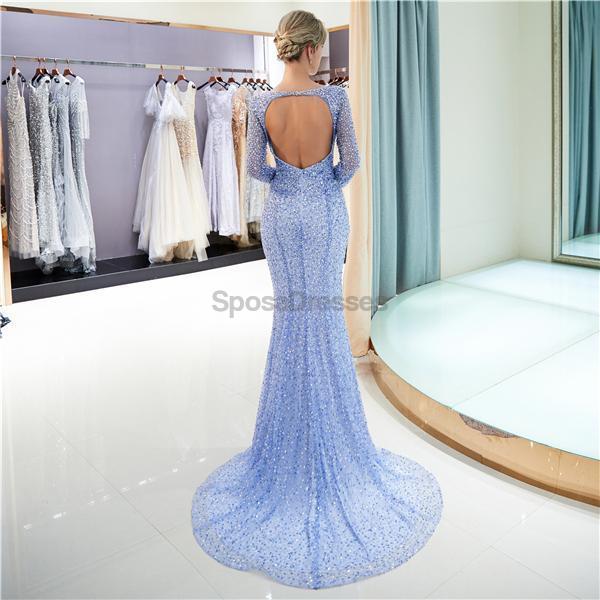 Elegant Long Sleeve Blue Beaded Mermaid Prom Dress for Evening Parties & Formal Events | Perfect for Homecoming, Prom Night & Special Occasions
