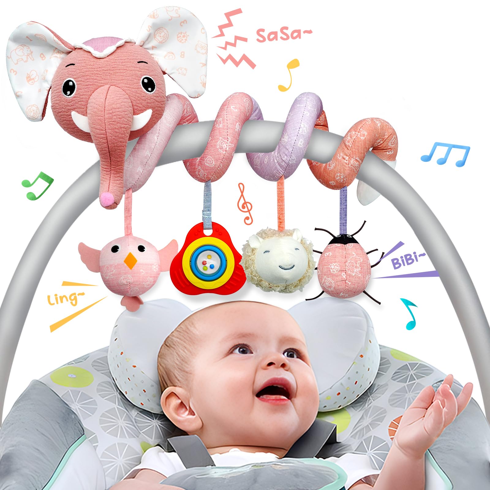 XIXILAND Baby Car Seat Toys for 0-12 Months - Soft Rattles, Teether & Musical Mirror for Infant Brain Development | Stroller, Crib & Playtime Entertainment for Newborns Boys & Girls