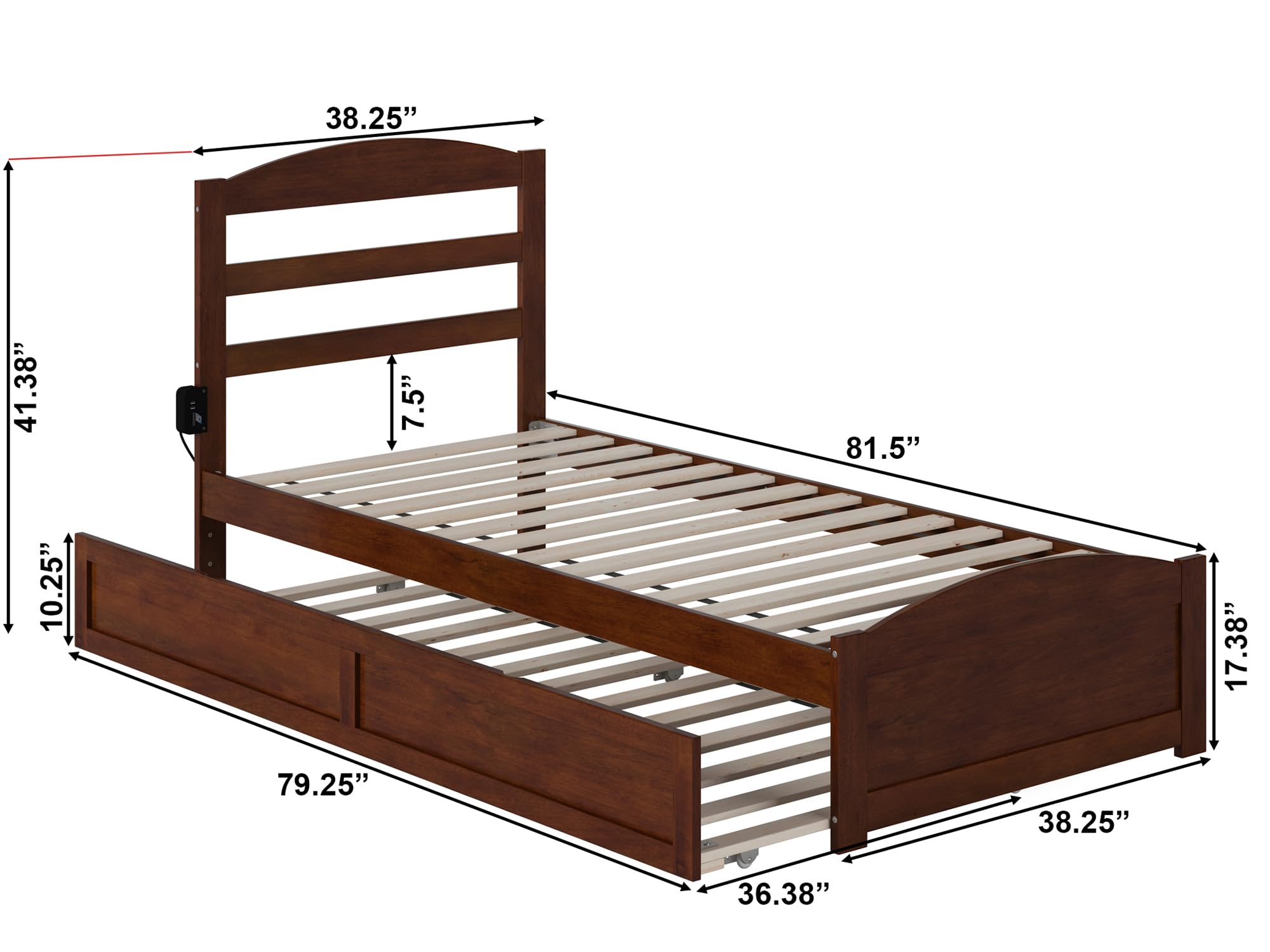 AFI Warren Twin XL Platform Bed with Footboard, Twin XL Trundle & USB Charging - Walnut Finish - Space-Saving Bedroom Solution for Small Rooms, Guest Rooms & Dorm Living