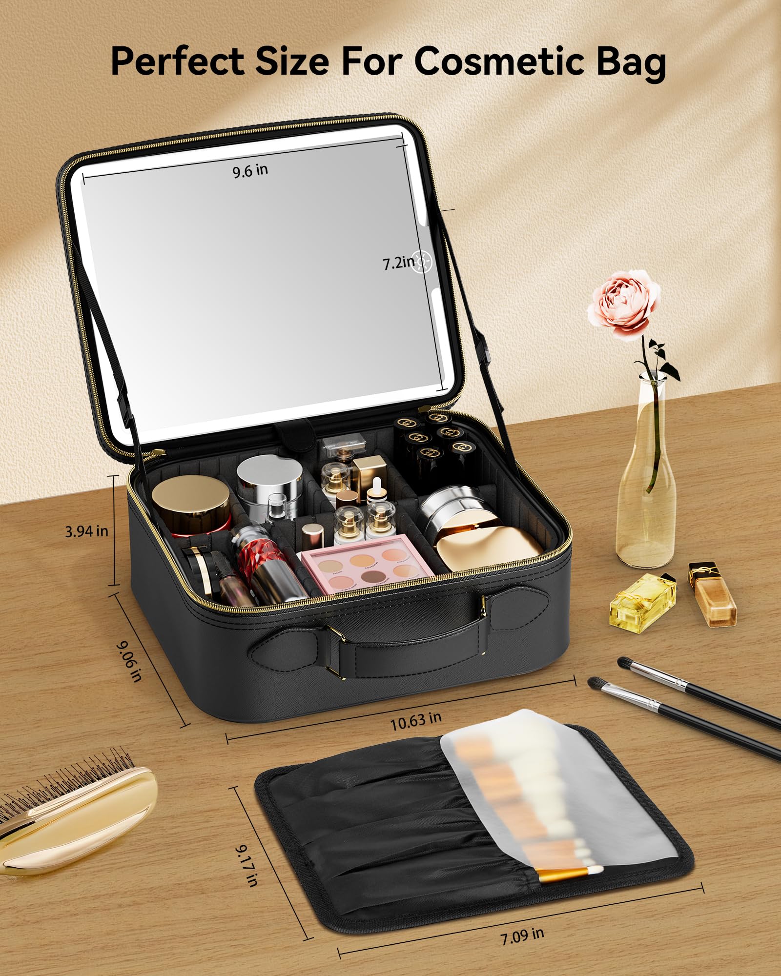 JUSRON LED Makeup Bag with Mirror - 3 Color Settings for Travel & Vanity