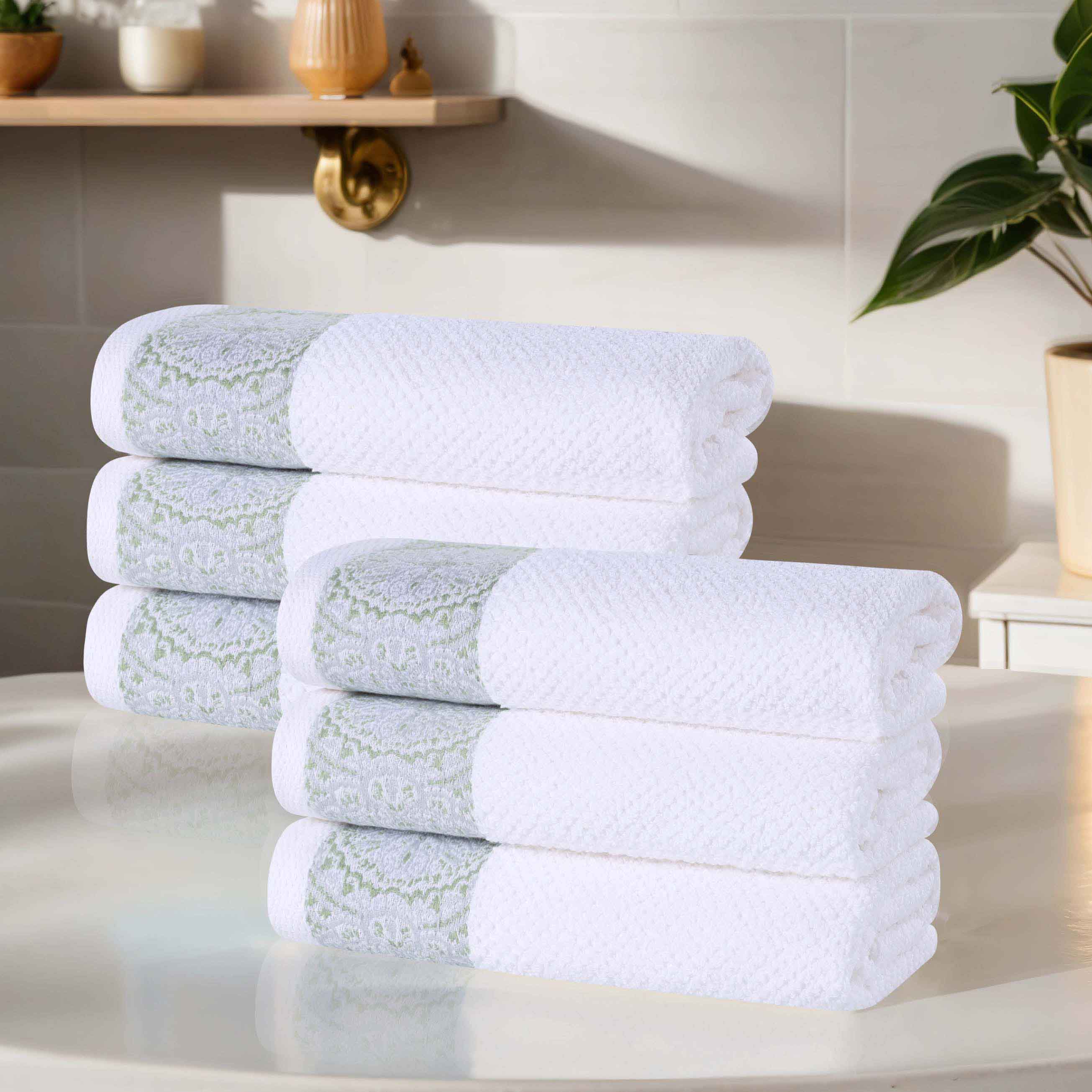 Premium Medallion Cotton Jacquard Textured Hand Towels - Set of 6, Soft & Absorbent Bathroom Towels for Guest Bath, Powder Room, and Spa - Luxury Home Decor Essentials