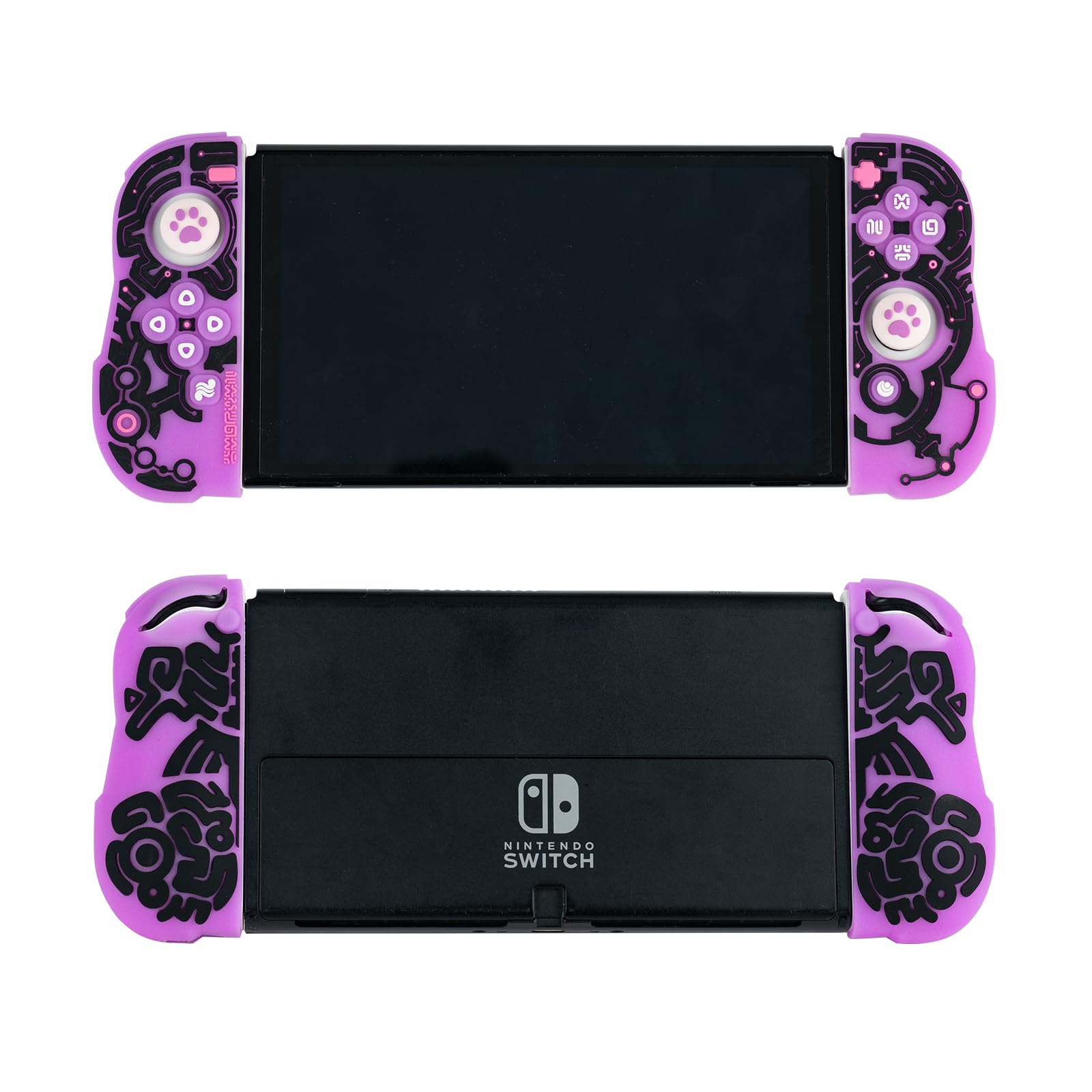 Glow in The Dark Soft TPU Protective Cover Case for Nintendo Switch & Switch OLED Joycon Controller - Luminous Silicone Cover with 2 Thumb Grip Caps (Purple) | Anti-Slip, Comfortable Grip for Gaming at Night or Low Light Conditions
