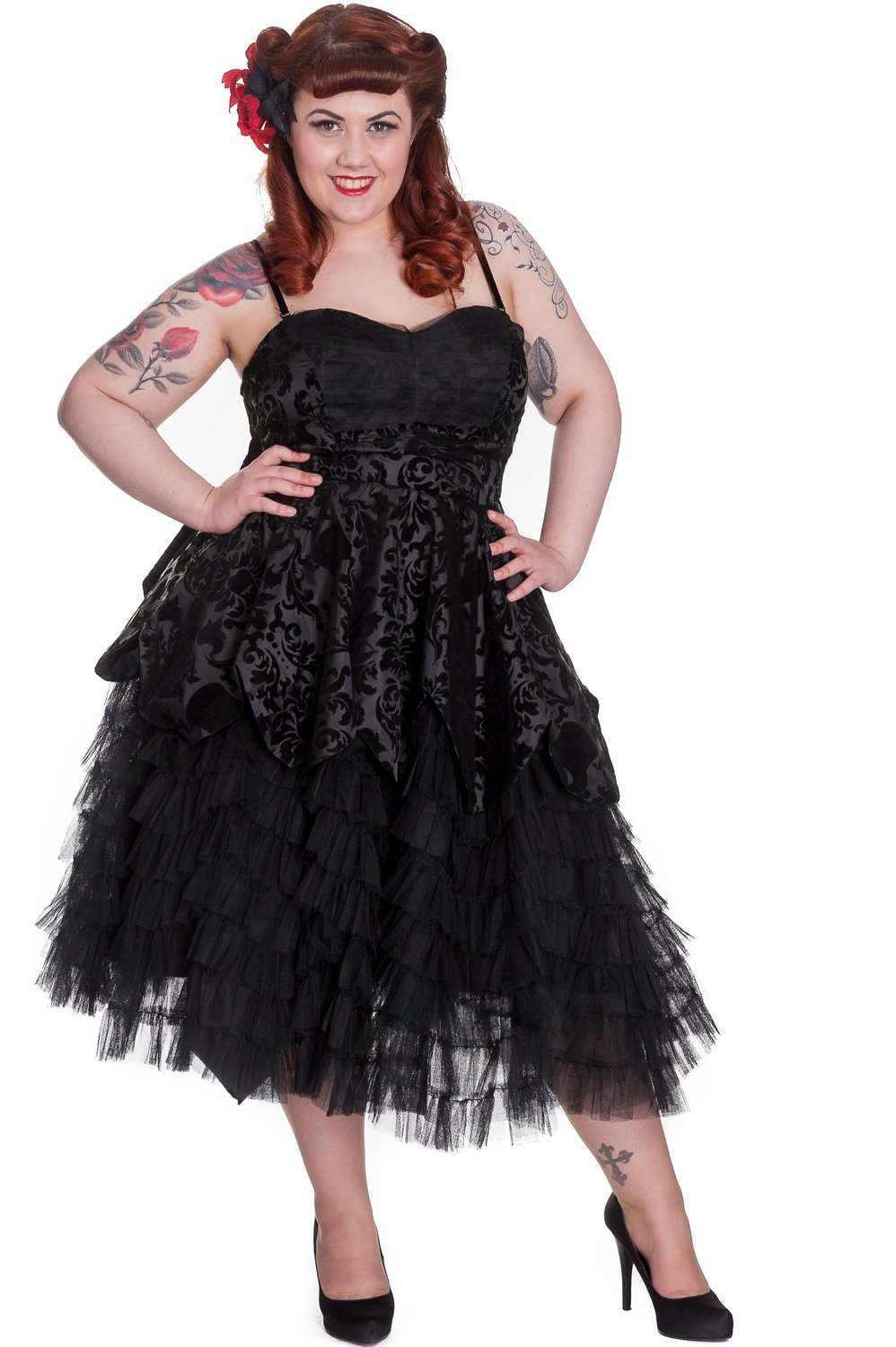 Gothic Victorian Midnight Ball Black Lace Ruffled Dress by Hell Bunny - Plus Size Elegant Formal Evening Gown for Halloween, Cosplay & Special Occasions