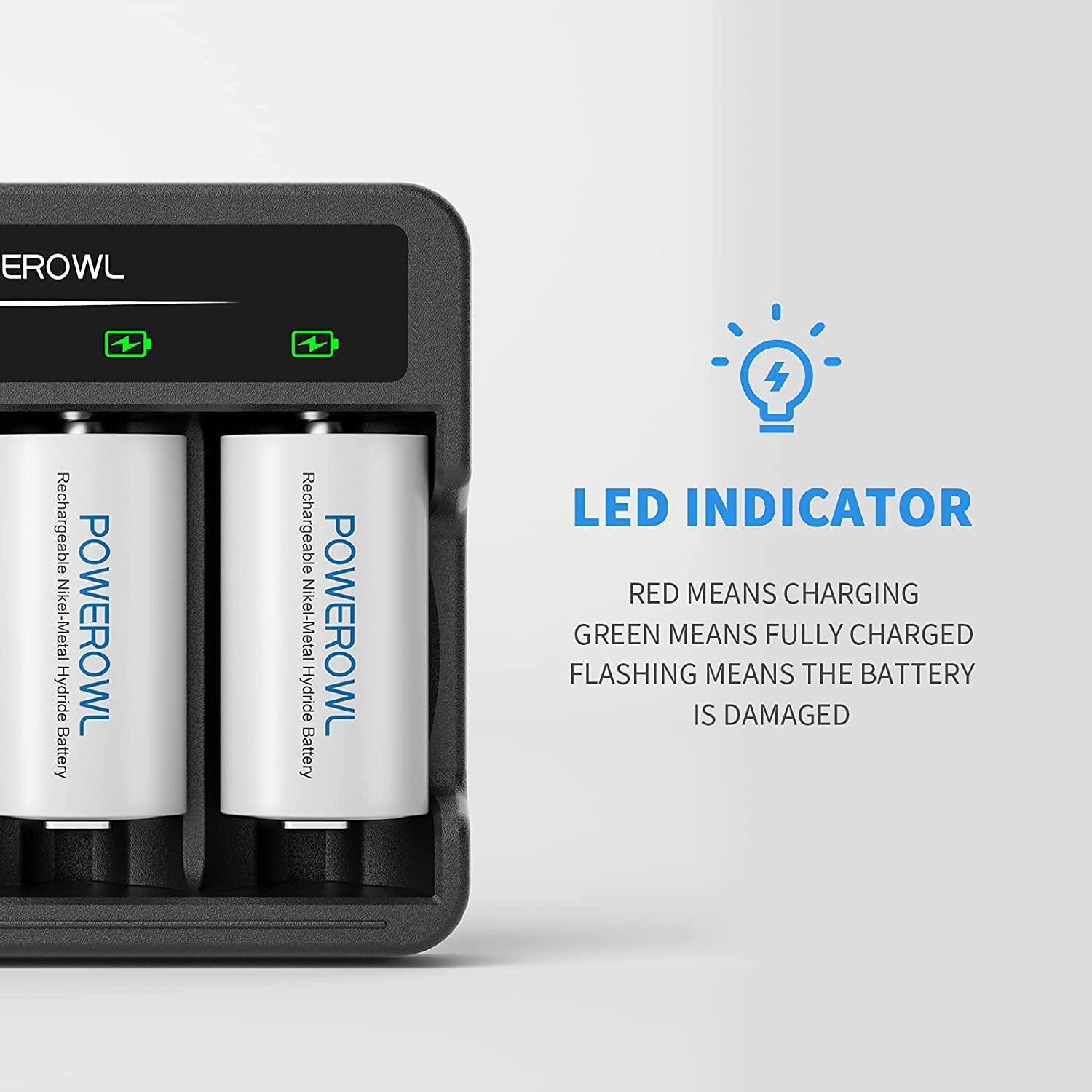 POWEROWL 4 Bay USB Rechargeable D Batteries with Charger - Quick Charge for AA AAA C D Ni-MH Batteries (4-Pack) - Ideal for Flashlights, Toys, Cameras & Emergency Power Backup