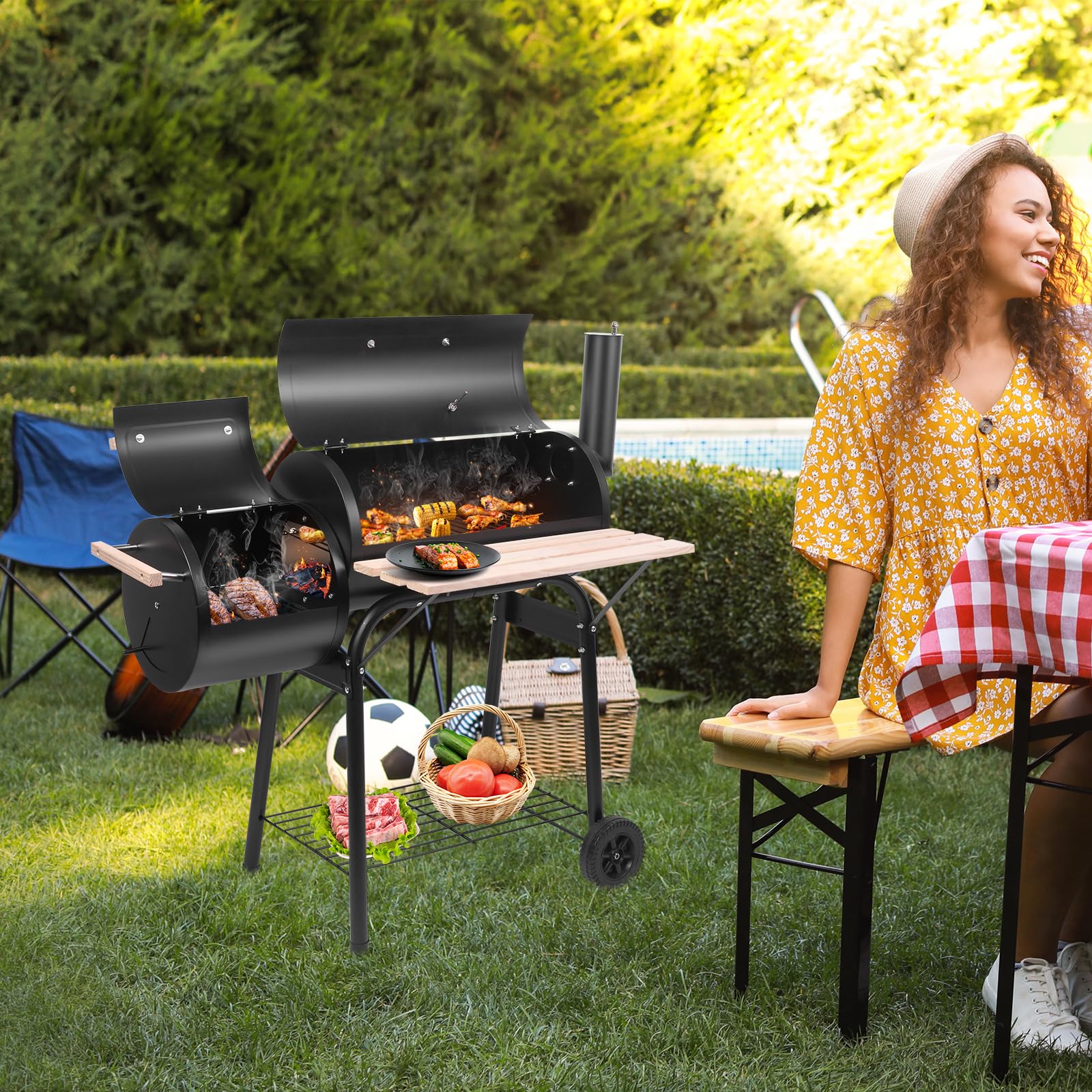 Outvita BBQ Charcoal Grill with Offset Smoker - Portable Outdoor Patio Barbecue Cooker with Wheels & Tray for Backyard, Camping, Picnics & Parties | Perfect for Grilling, Smoking Meats & Outdoor Entertaining