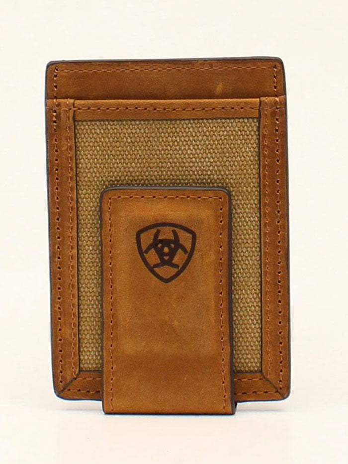 Ariat A3542044 Men's Canvas Bifold Wallet with Money Clip - Medium Brown for Everyday Carry & Travel Essentials