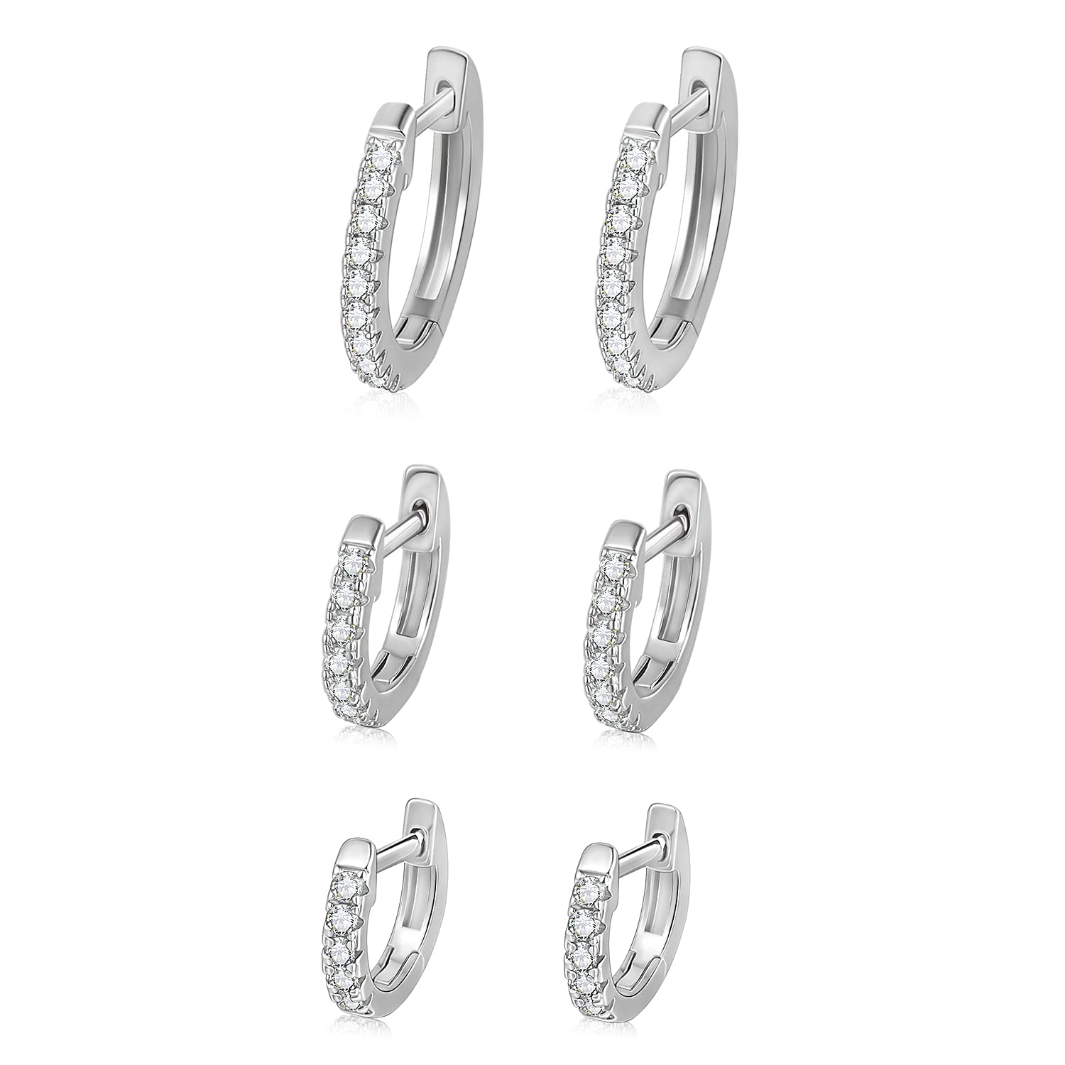 3 Pairs 18K White Gold Plated Hoop Earrings Set - Hypoallergenic Cubic Zirconia Huggie Stud Cuff Earrings for Women | Perfect for Everyday Wear, Parties & Gifts
