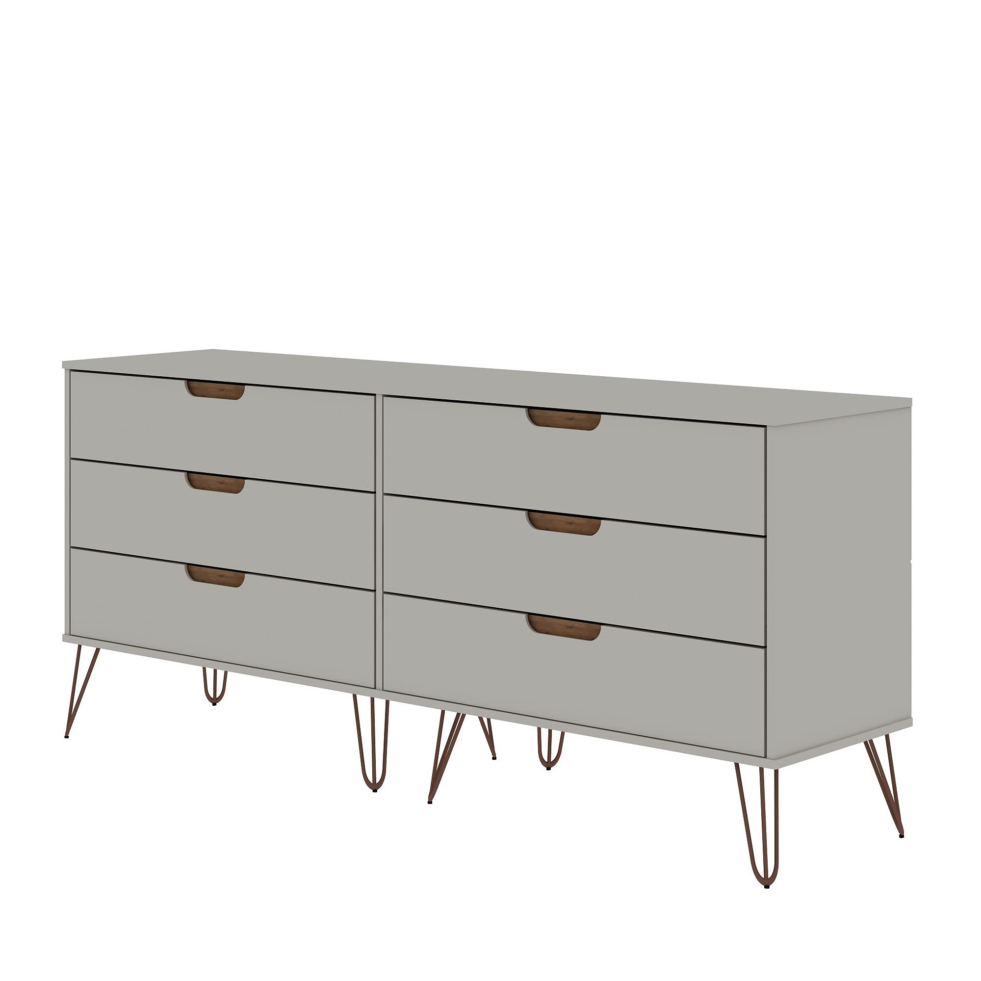 Mid Century Modern 6-Drawer Double Dresser with Metal Legs - Off White & Natural Wood Finish | Manhattan Comfort Rockefeller Dresser for Bedroom Storage & Organization