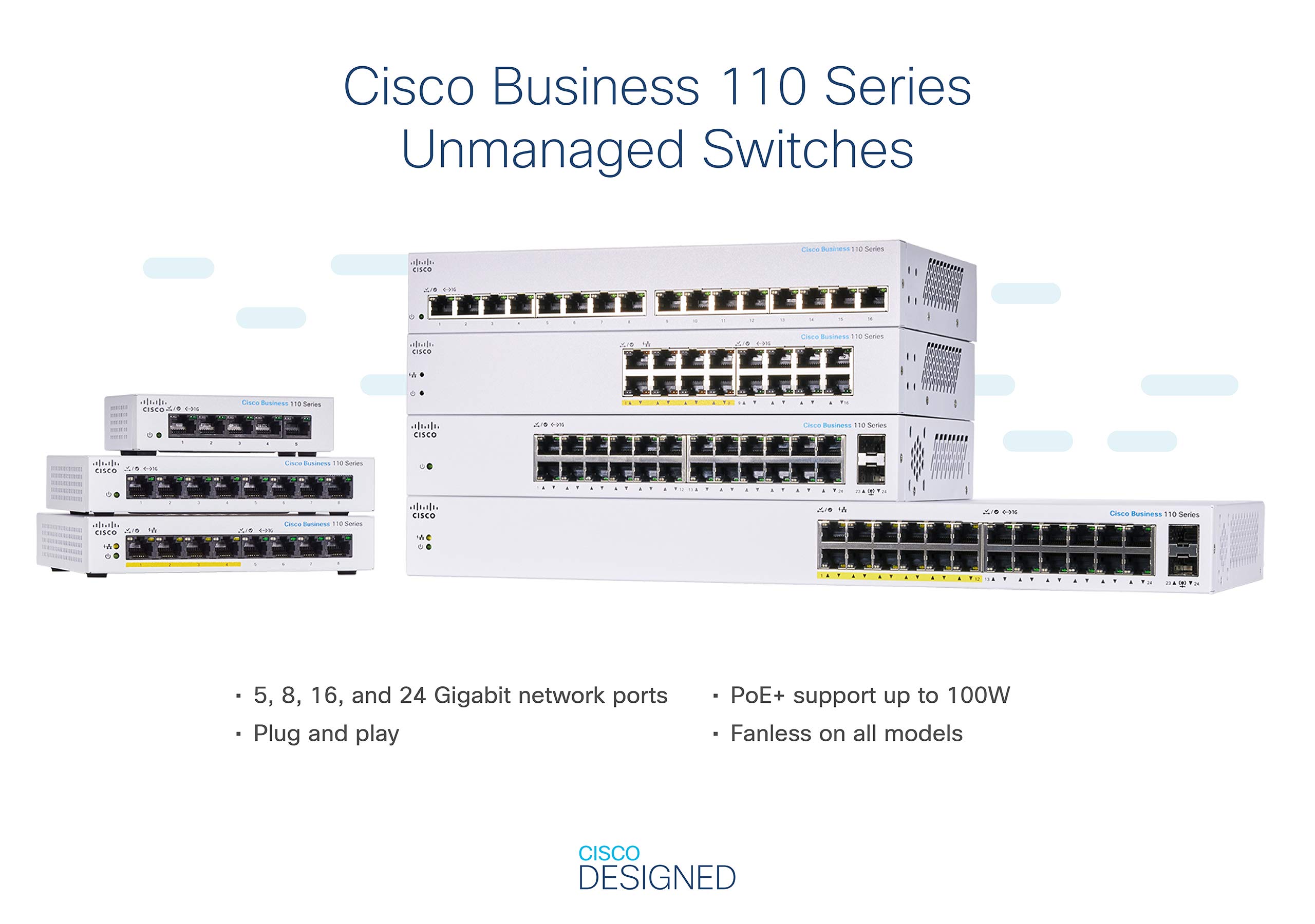 Cisco Business CBS110-16PP 16-Port Gigabit Ethernet Unmanaged Switch with Partial PoE & Limited Lifetime Protection - Ideal for Home Office, Small Business Networks & Smart Home Device Connectivity